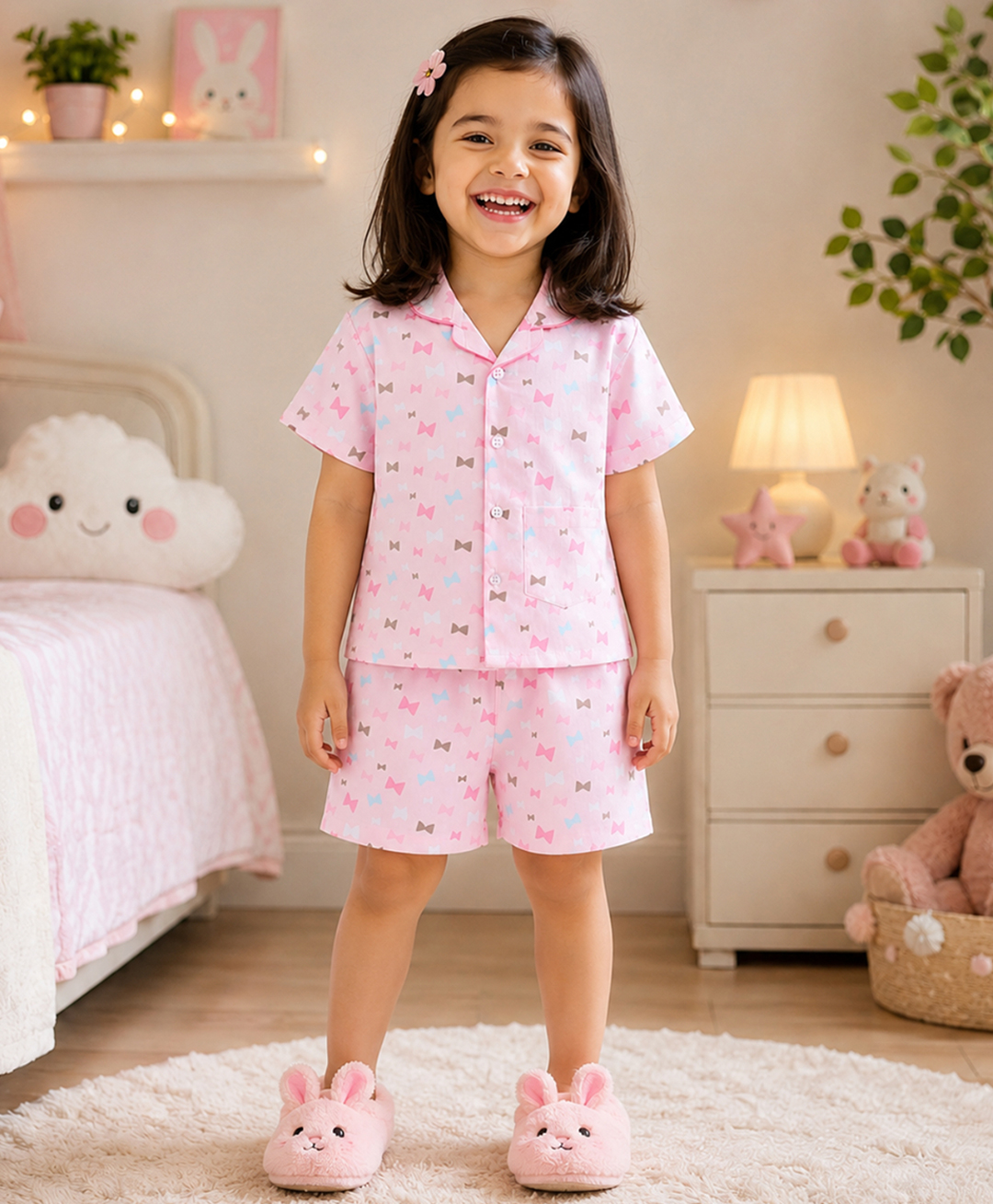 The Magic Wand Cotton Woven Half Sleeves Bows Printed Coordinating Shirt & Shorts Night Suit - Pink-picture-12