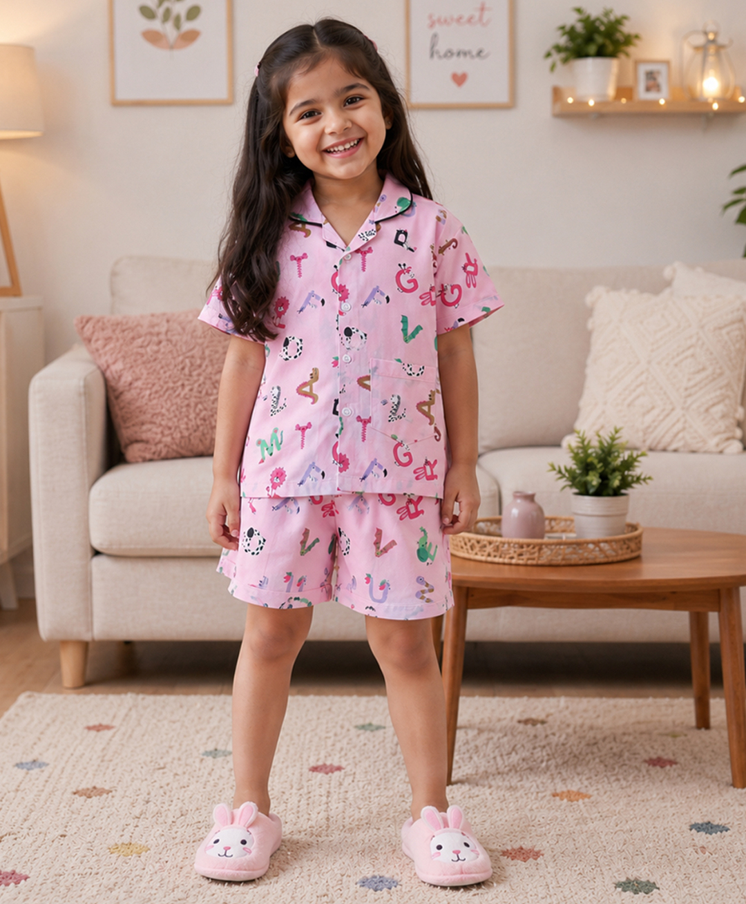 The Magic Wand Cotton Woven Half Sleeves Alphabets Printed Coordinating Shirt & Shorts Night Suit - Pink-image-46