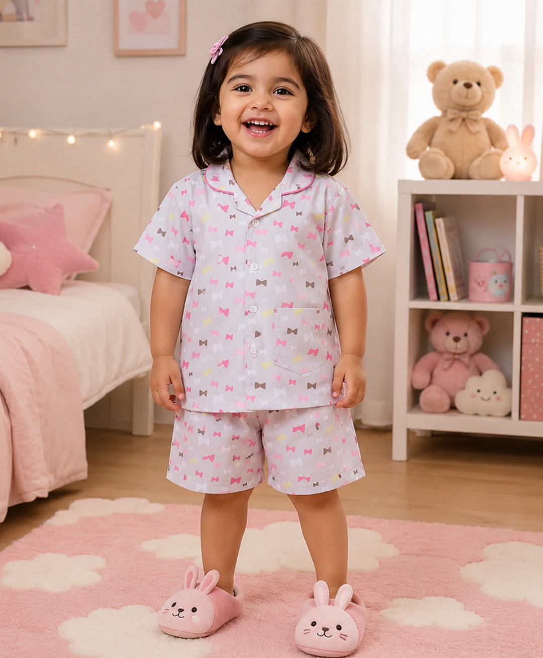 The Magic Wand Cotton Woven Half Sleeves Bow Printed Coordinating Shirt & Shorts Night Suit - Grey-image-47