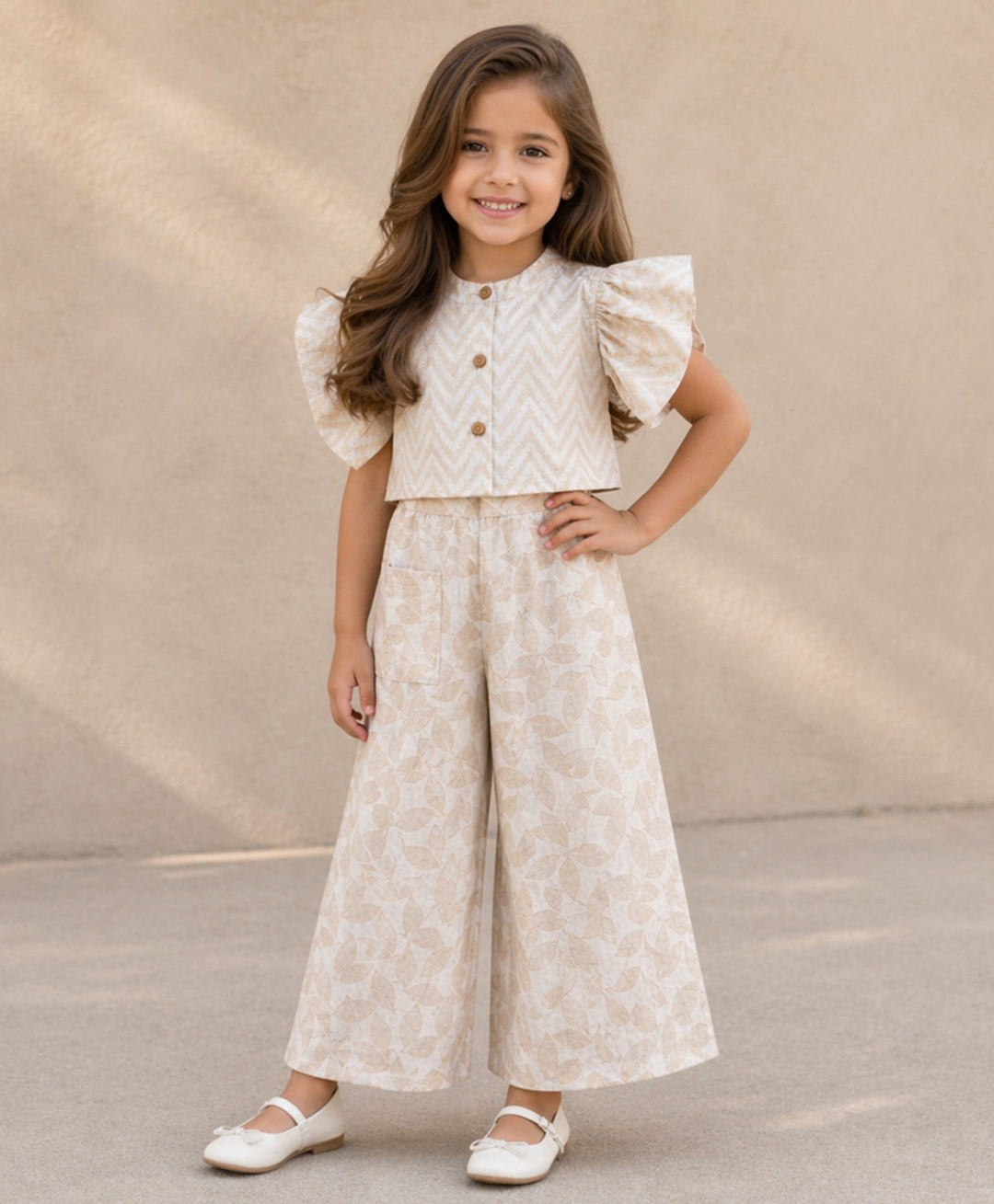 The Magic Wand Cambric Woven Ruffle Sleeves Chevron Printed Top & Pants Set - Off White-picture-33
