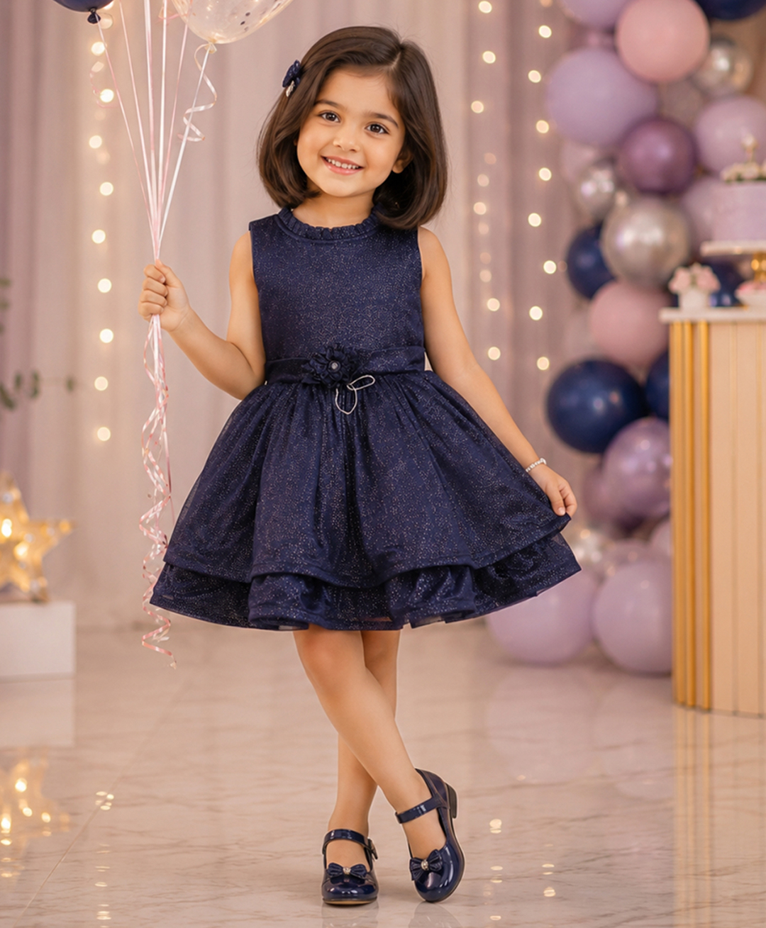 The Magic Wand Woven Sleeveless Floral Applique Detailed Shimmered Dress - Navy Blue-picture-35