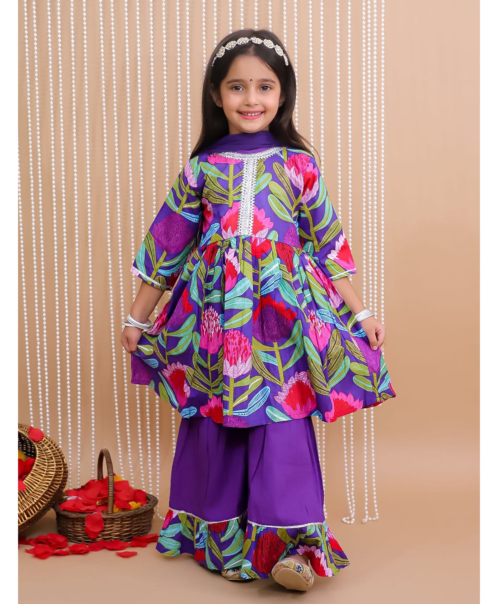 KID1 Cotton Woven Three Fourth Sleeves Floral Printed Kurti & Sharara With Dupatta Set - Purple-picture-30