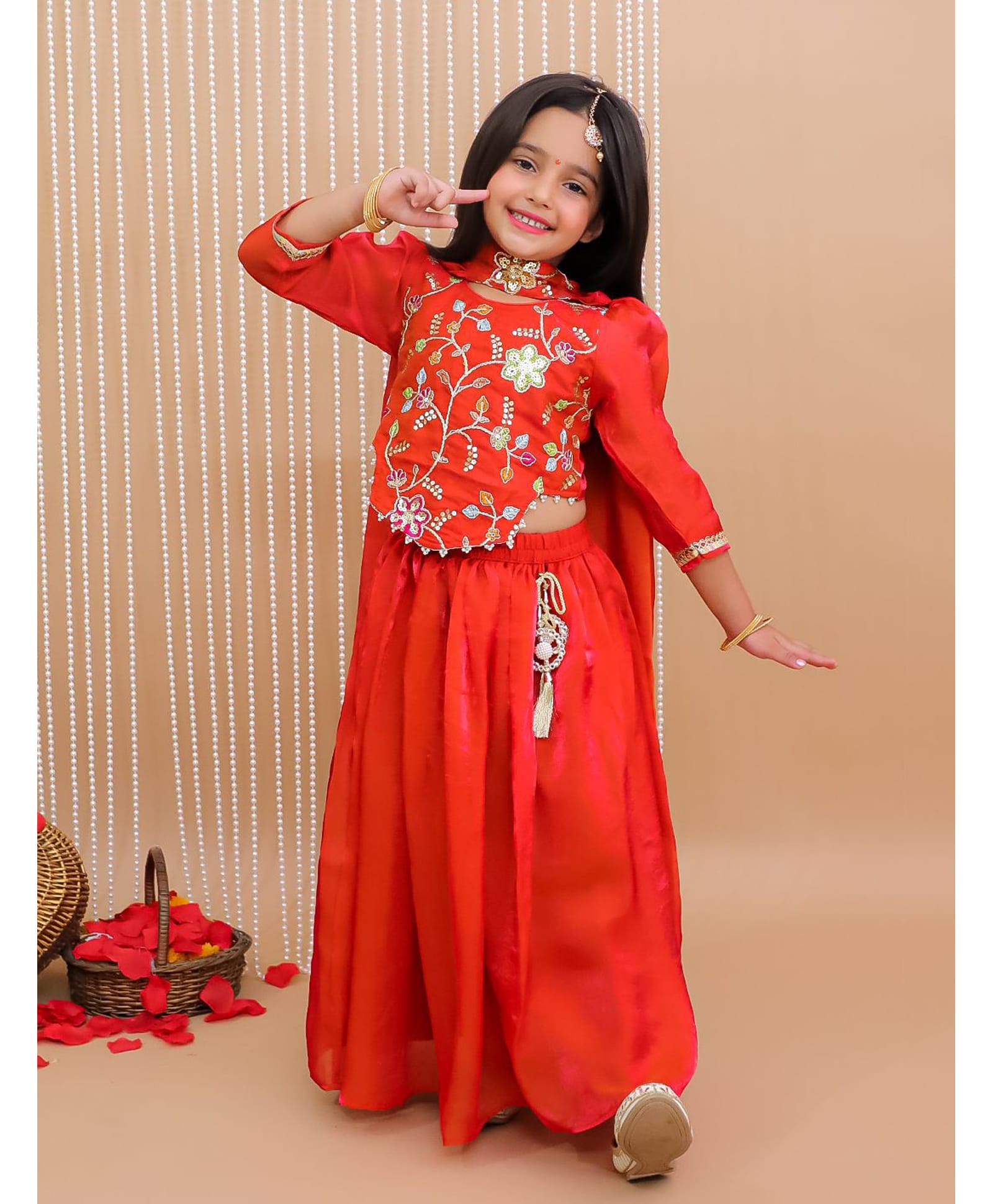 KID1 Woven Three Fourth Sleeves Floral Embroidered Sequins Embellished Lehenga & Choli With Dupatta Set - Orange-image-13