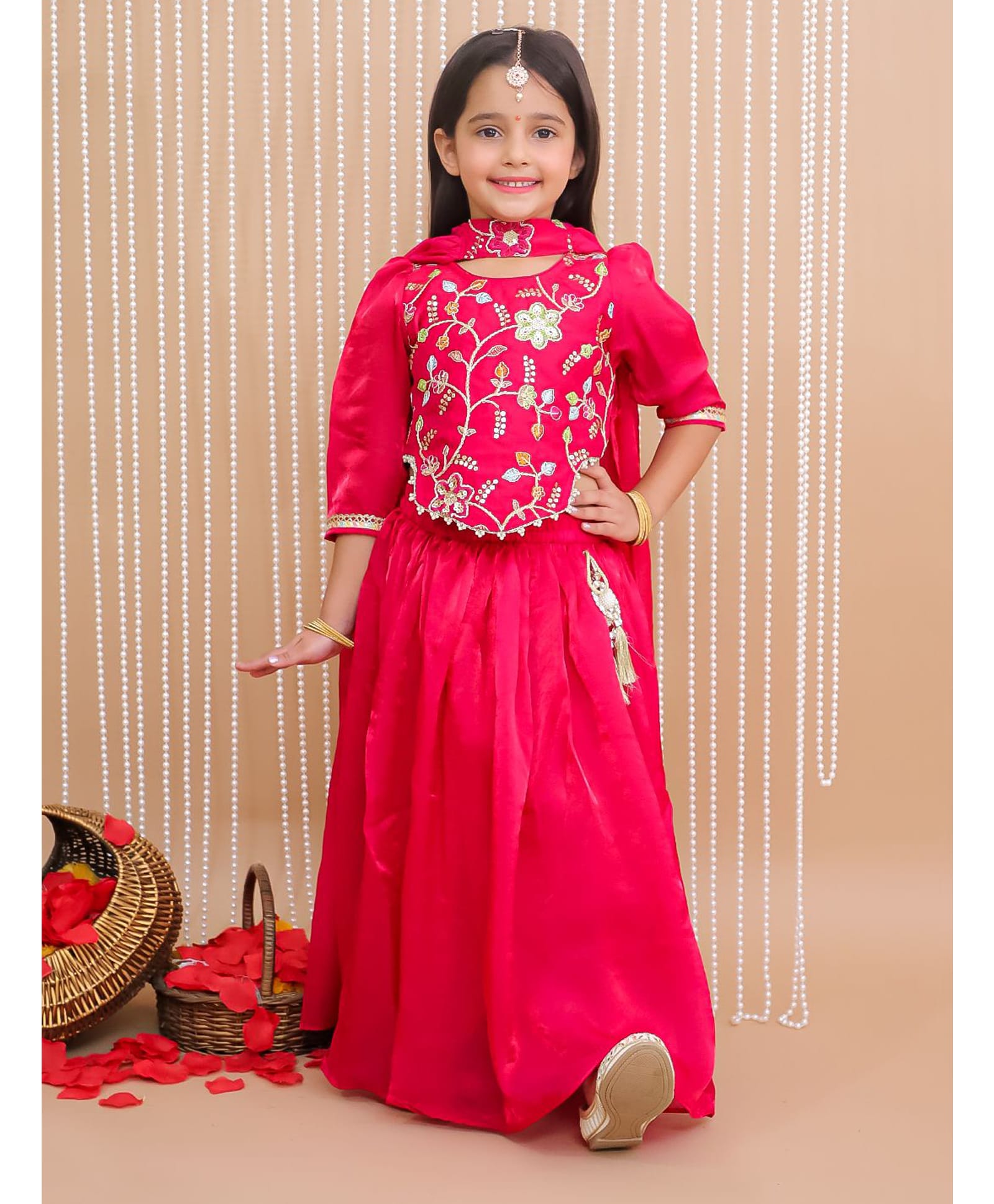 KID1 Woven Three Fourth Sleeves Floral Embroidered Sequins Embellished Lehenga & Choli With Dupatta Set - Pink-picture-12