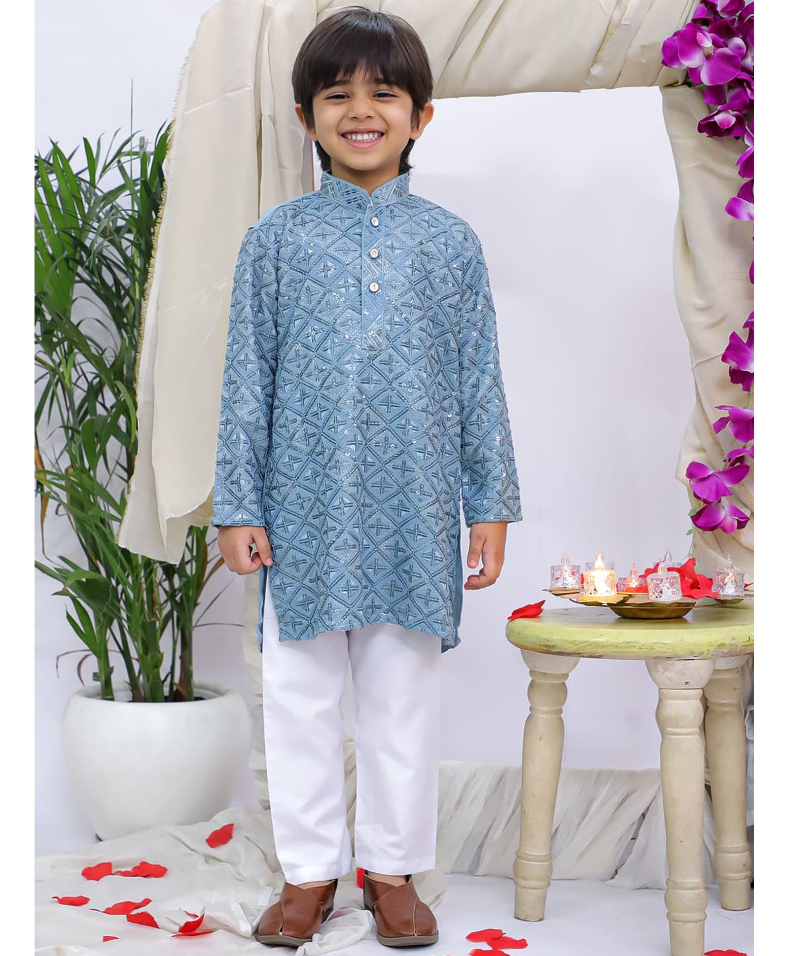KID1 Rayon Woven Full Sleeves Geometric Embroidered Sequins Embellished Kurta & Pyjama Set - Sky Blue-picture-11