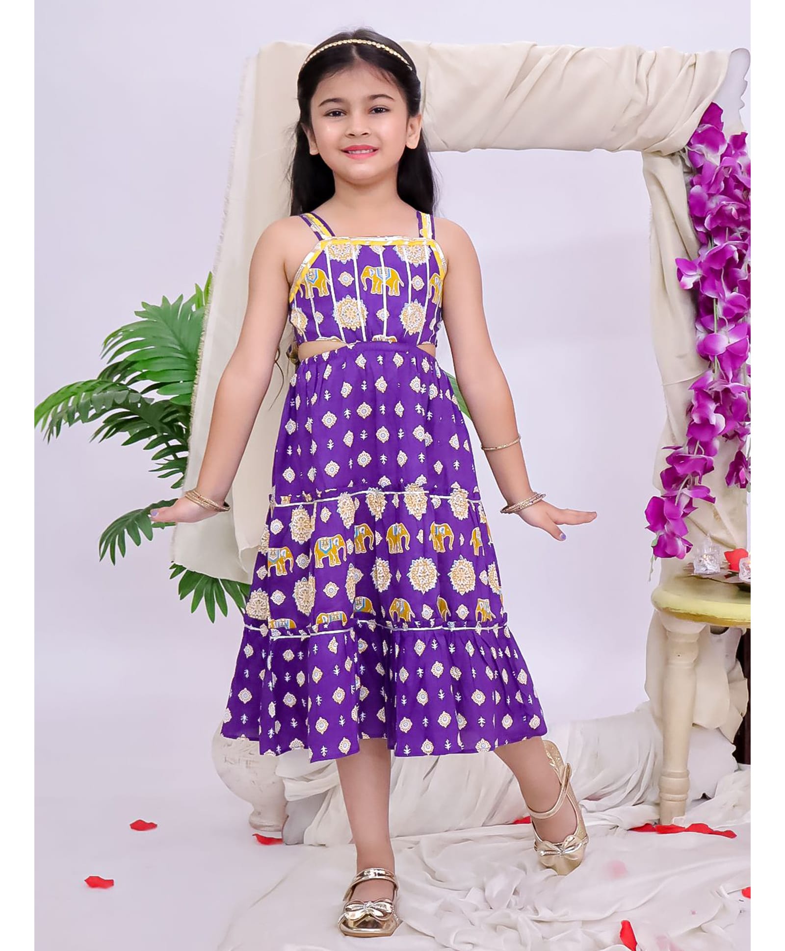 KID1 Pure Cotton Woven Sleeveless Elephant & Ethnic Motifs Printed Dress - Purple-image-2