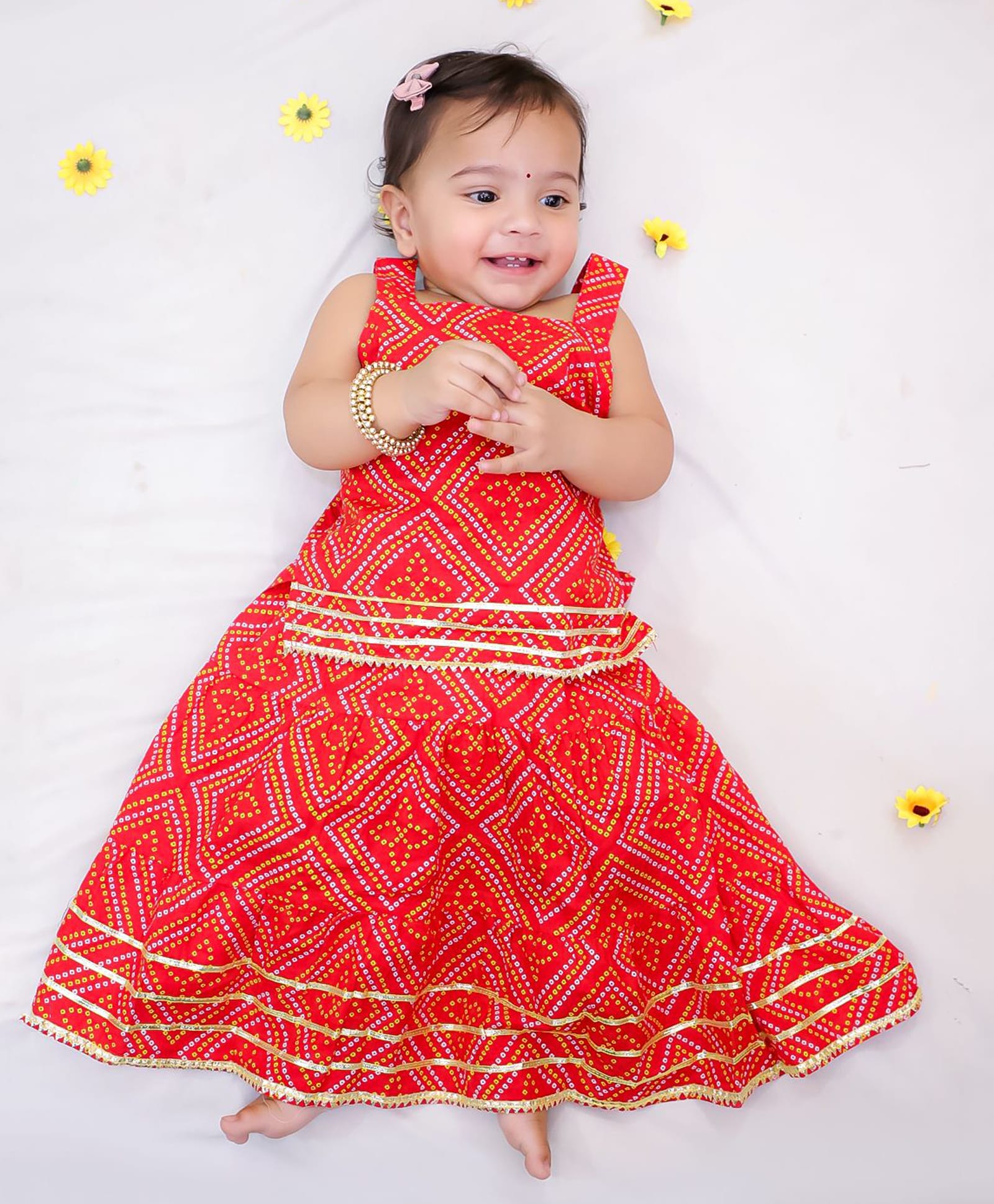KID1 Cotton Woven Sleeveless Bandhani Printed Lehenga & Choli Set - Red-picture-45
