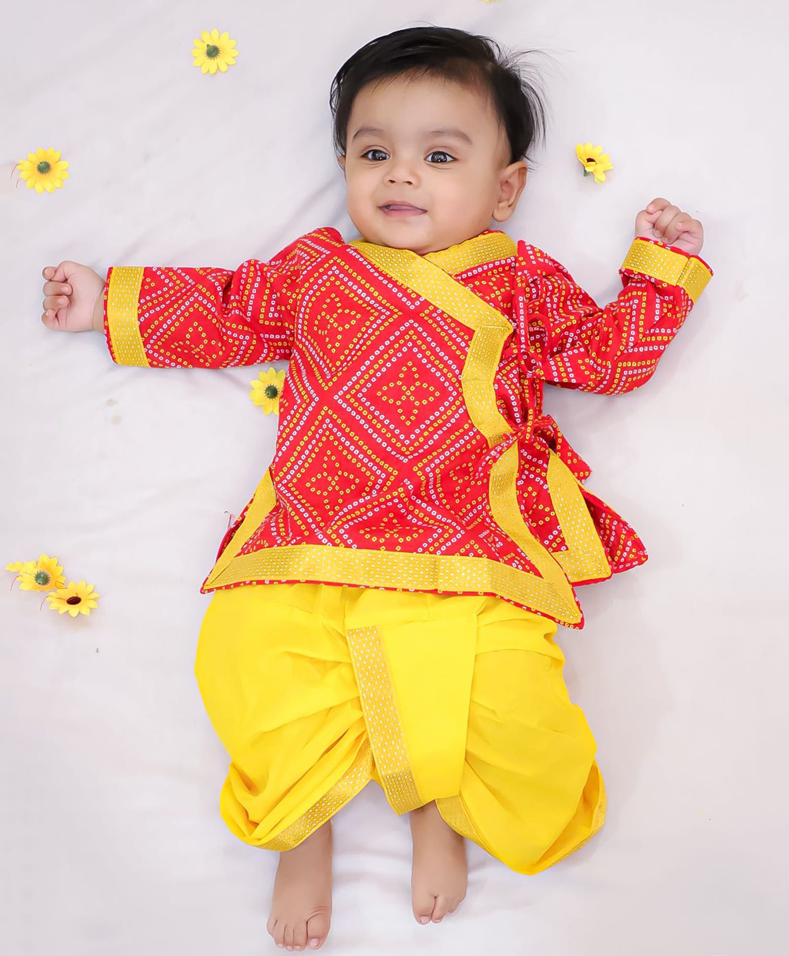 KID1 Cotton Woven Full Sleeves Bandhani Printed Angrakha Style Kurta & Dhoti Set - Red-picture-22