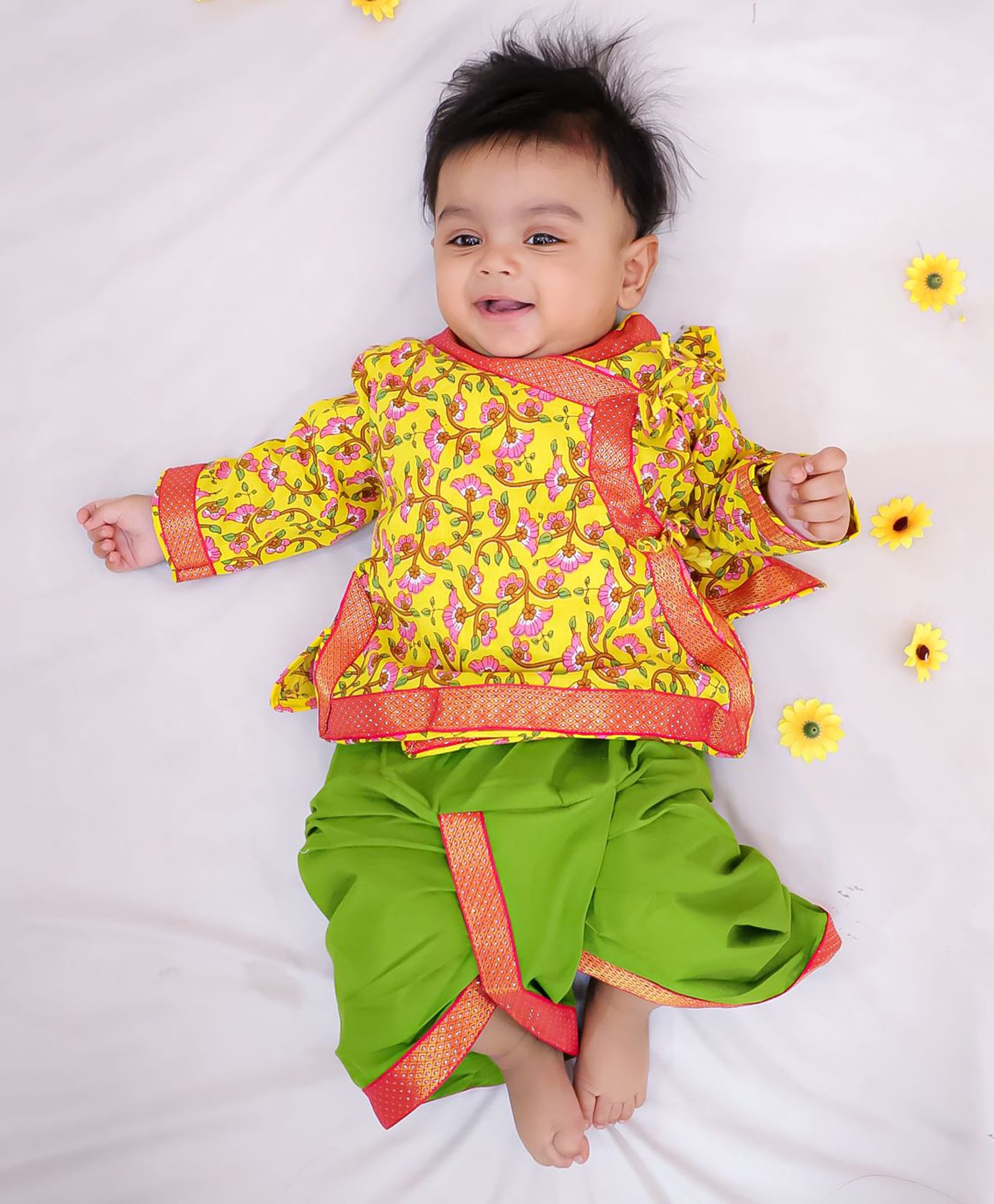 KID1 Cotton Woven Full Sleeves Floral Printed Angrakha Style Kurta & Dhoti Set - Yellow-picture-34