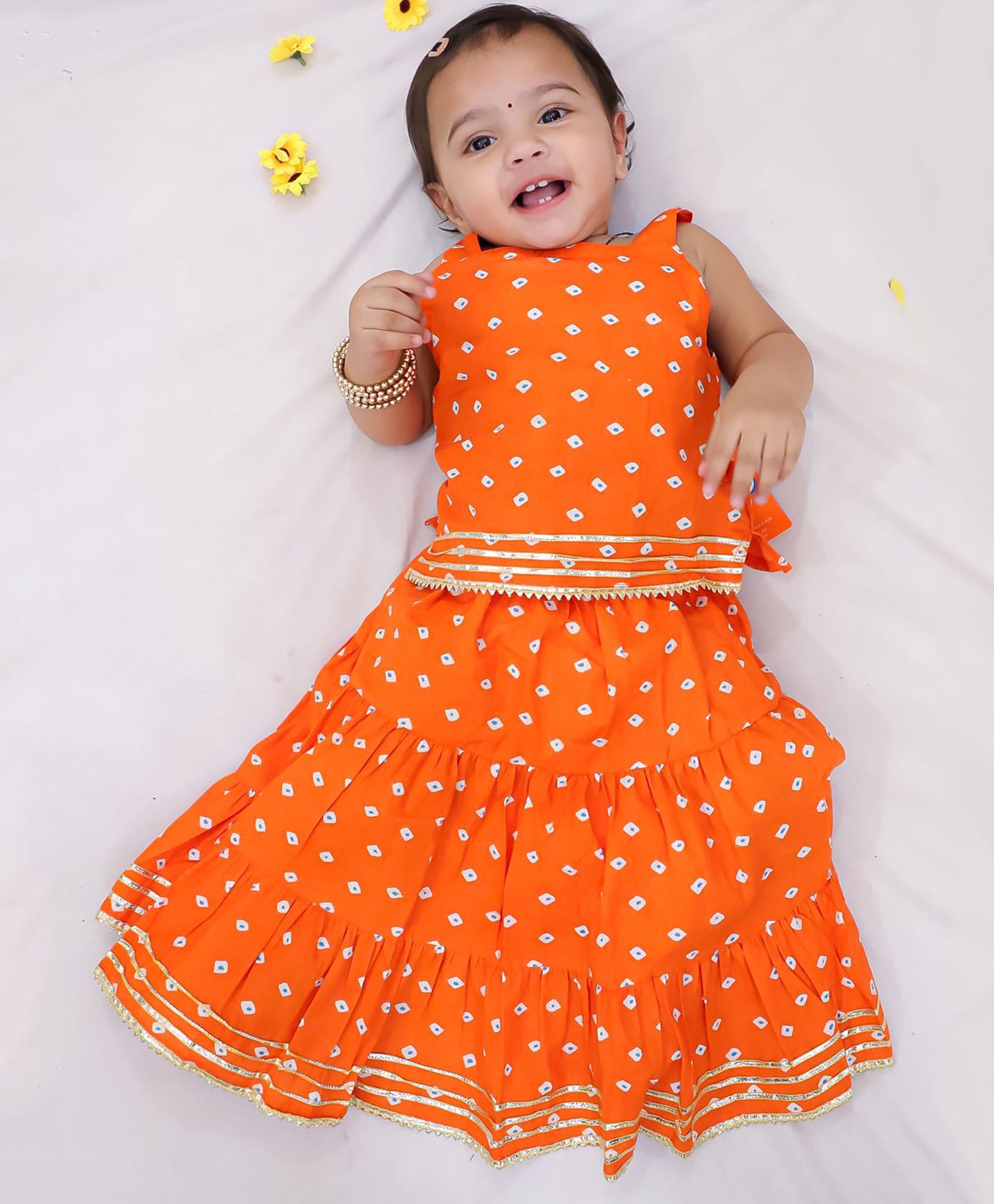 KID1 Cotton Woven Sleeveless Bandhani Printed Lehenga & Choli Set - Orange-picture-27