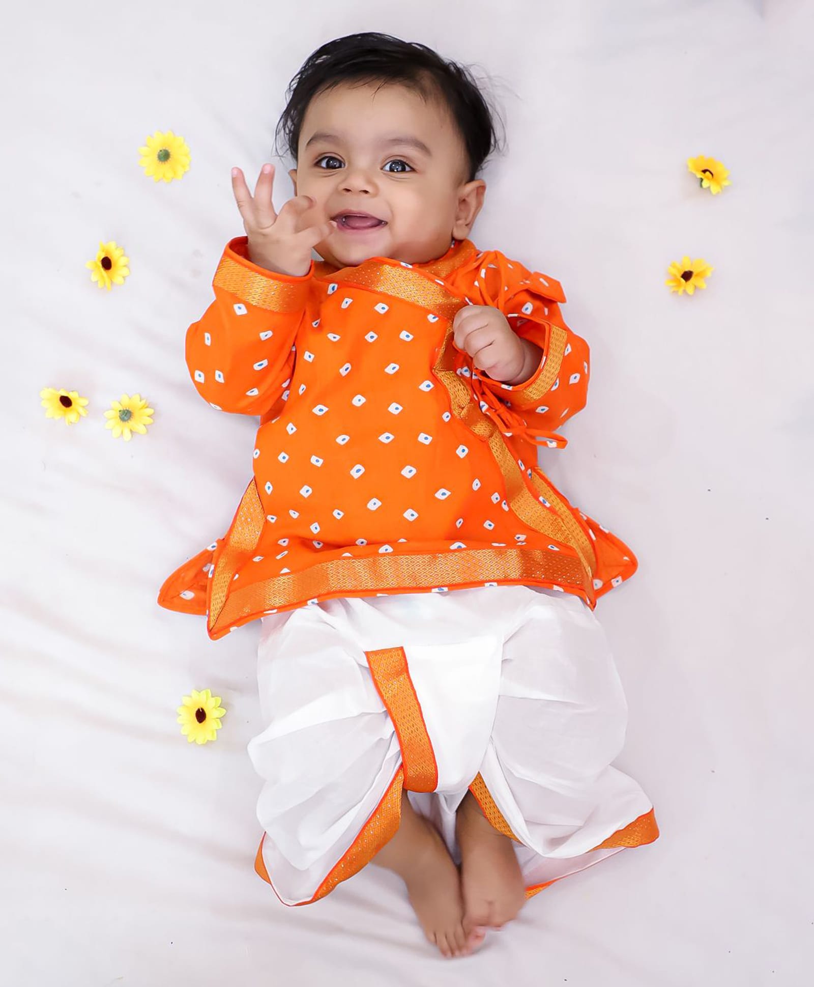 KID1 Cotton Woven Full Sleeves Bandhani Printed Angrakha Style Kurta & Dhoti Set - Orange-picture-35