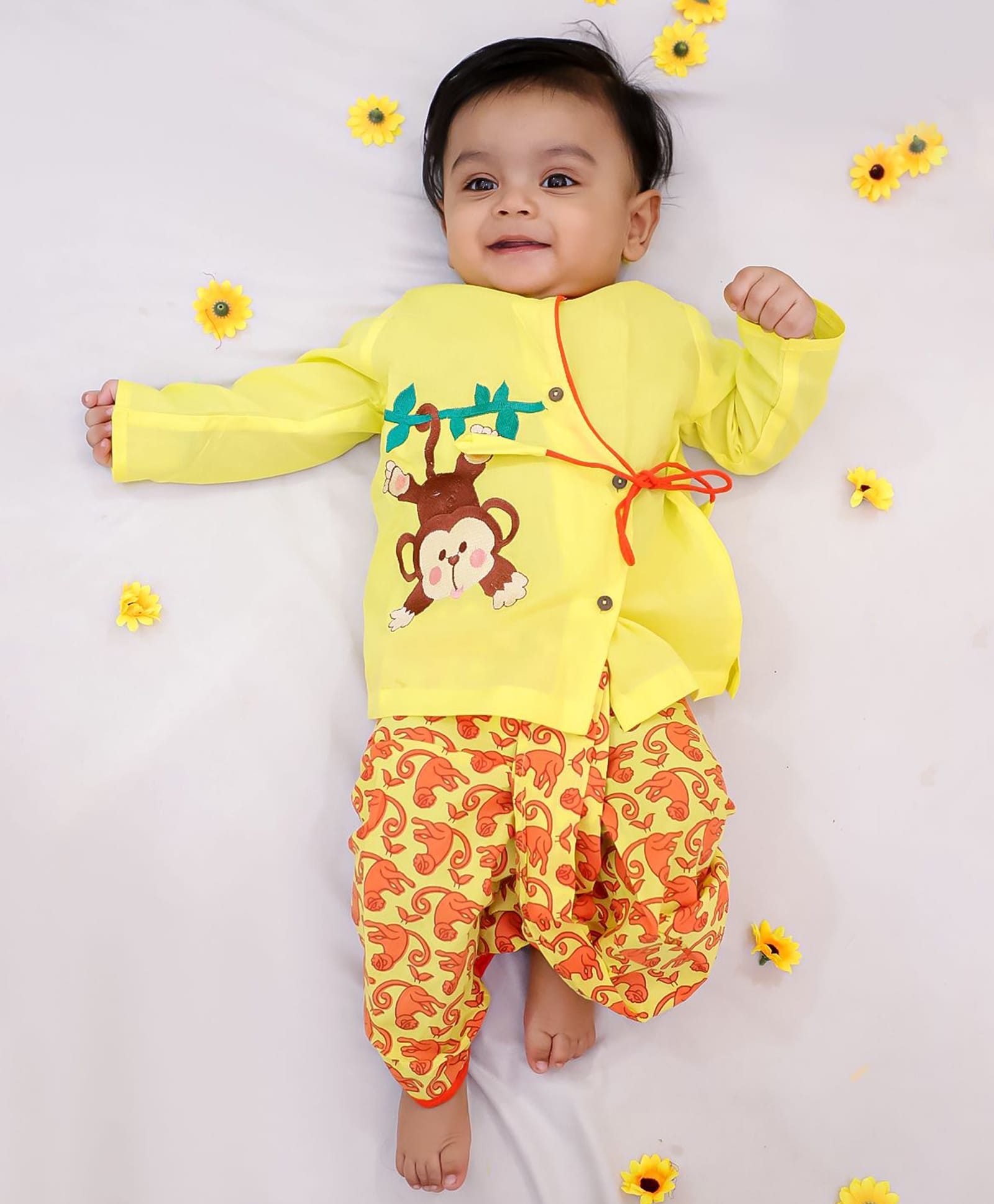 KID1 Cotton Woven Full Sleeves Monkey Embroidered Angrakha Style Kurta & Dhoti Set - Yellow-image-39