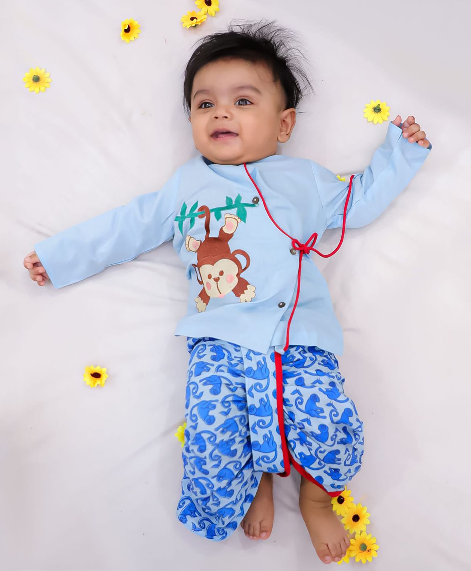 KID1 Cotton Woven Full Sleeves Monkey Embroidered Angrakha Style Kurta & Dhoti Set - Blue-picture-42