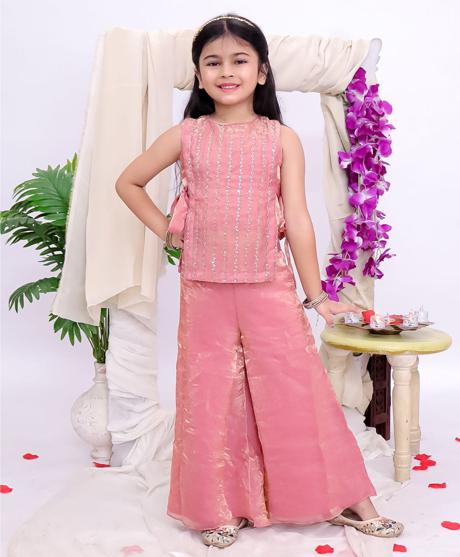KID1 Woven Sleeveless Zari Embroidered Sequins Embellished Top & Palazzo Set - Pink-image-38