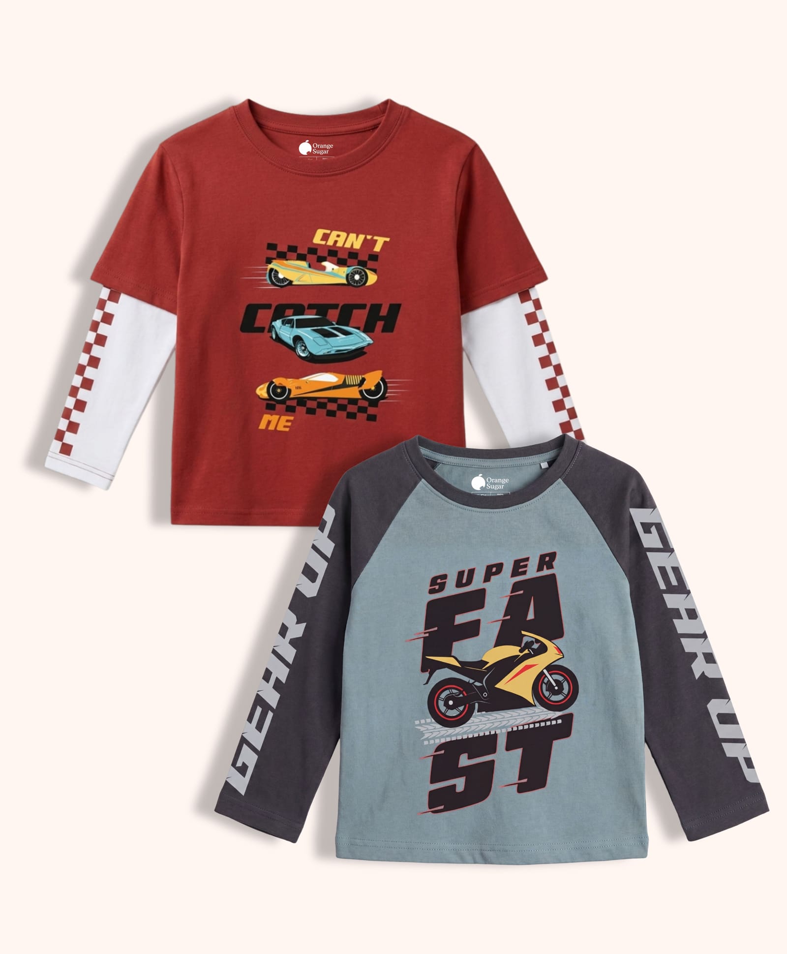 Orange Sugar Cotton Knit Pack Of 2 Full Sleeves Cars & Super Fast Text Printed Tees - Red & Grey-picture-11