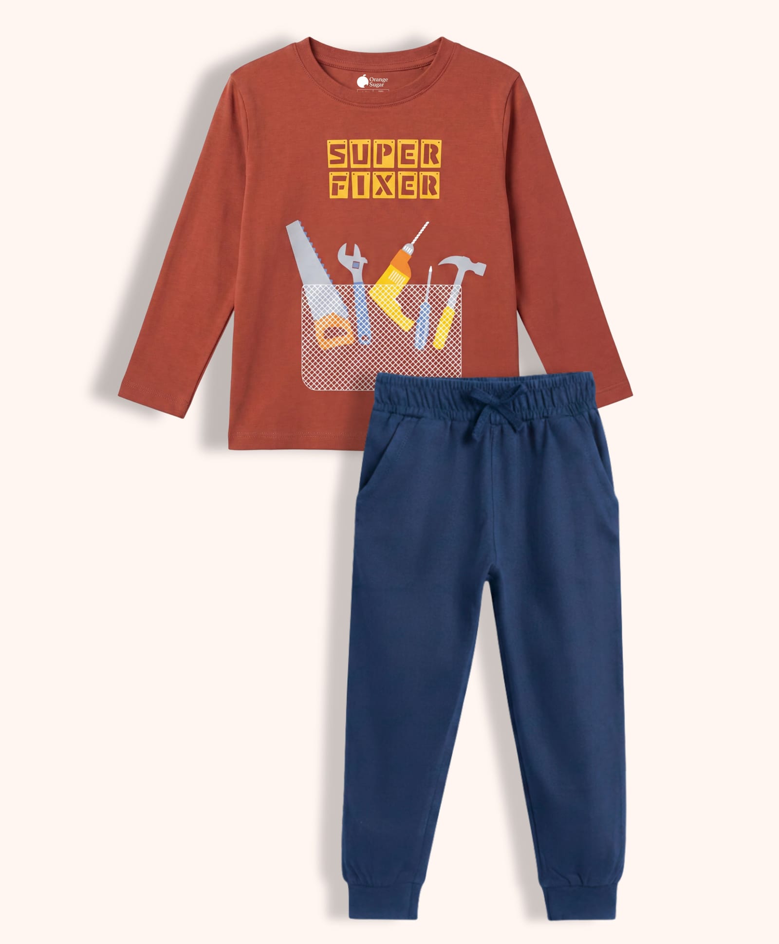 Orange Sugar 100% Cotton Knit Full Sleeves Tools Printed Tee & Joggers Set - Red & Royal Blue-image-33