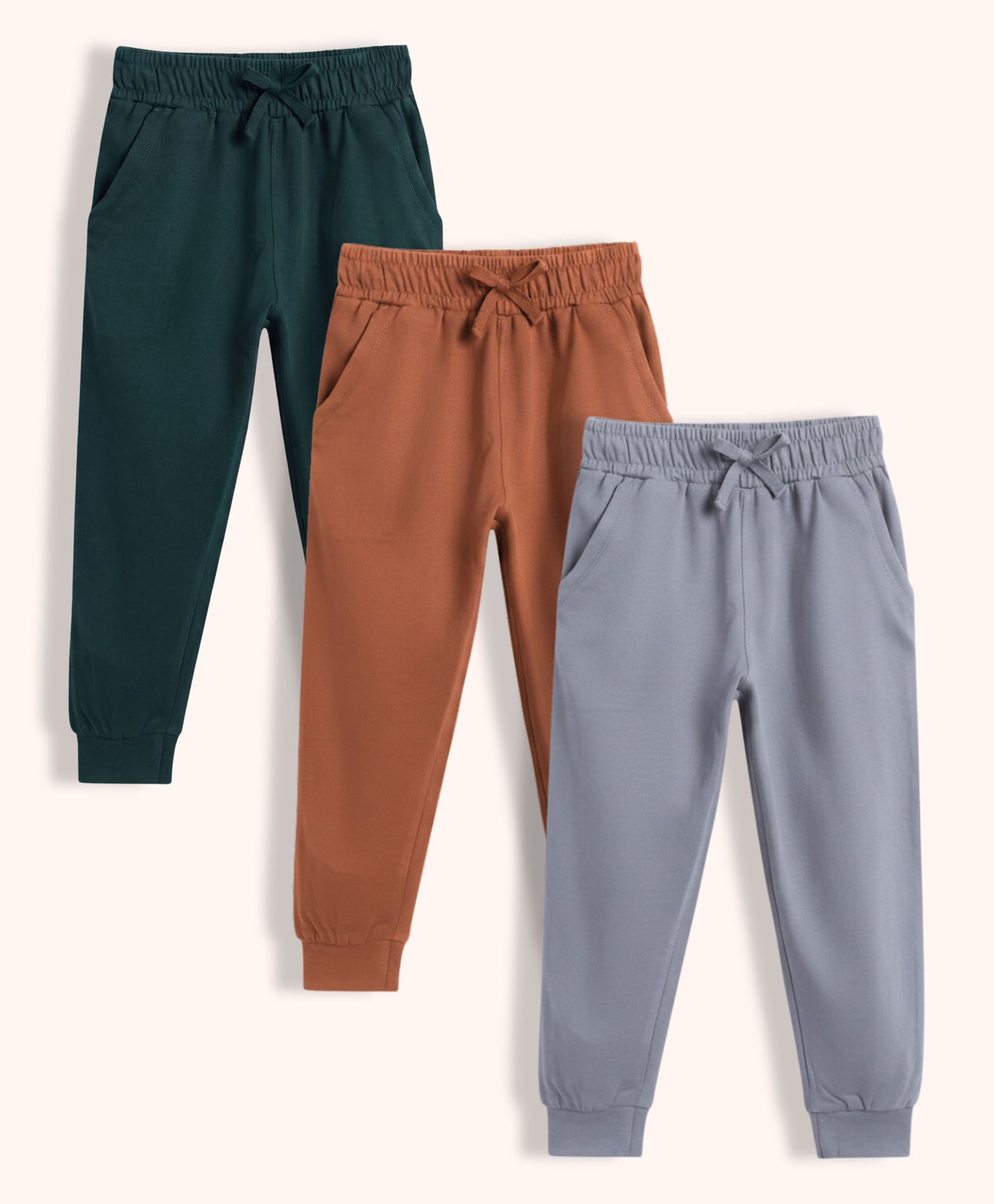 Orange Sugar 100% Cotton Knit Pack Of 3 Solid Joggers - Bottle Green Brown & Grey-image-9