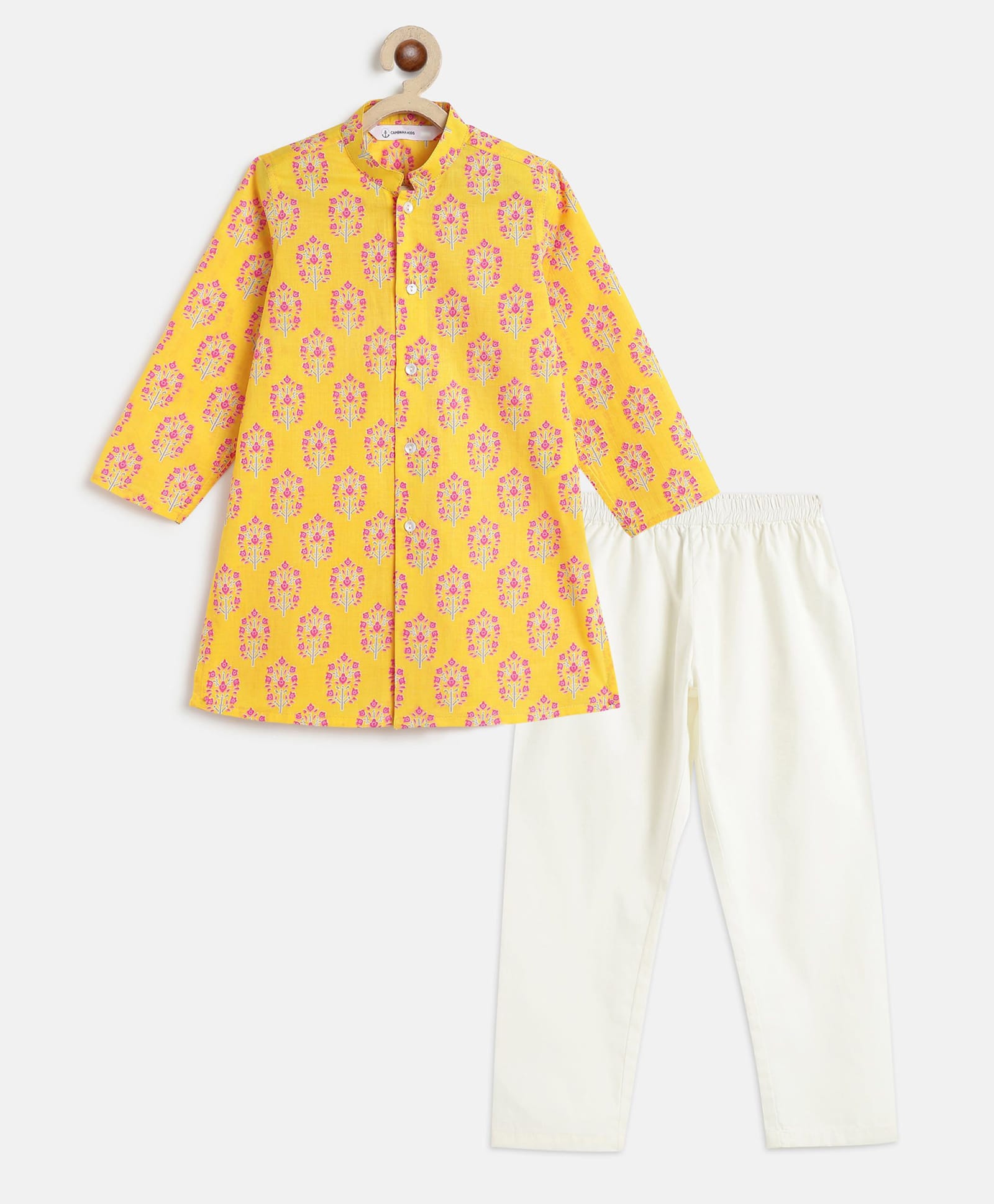 Campana 100% Cotton Woven Full Sleeves Floral Printed Kurta & Pyjama Set - Yellow & White-picture-2