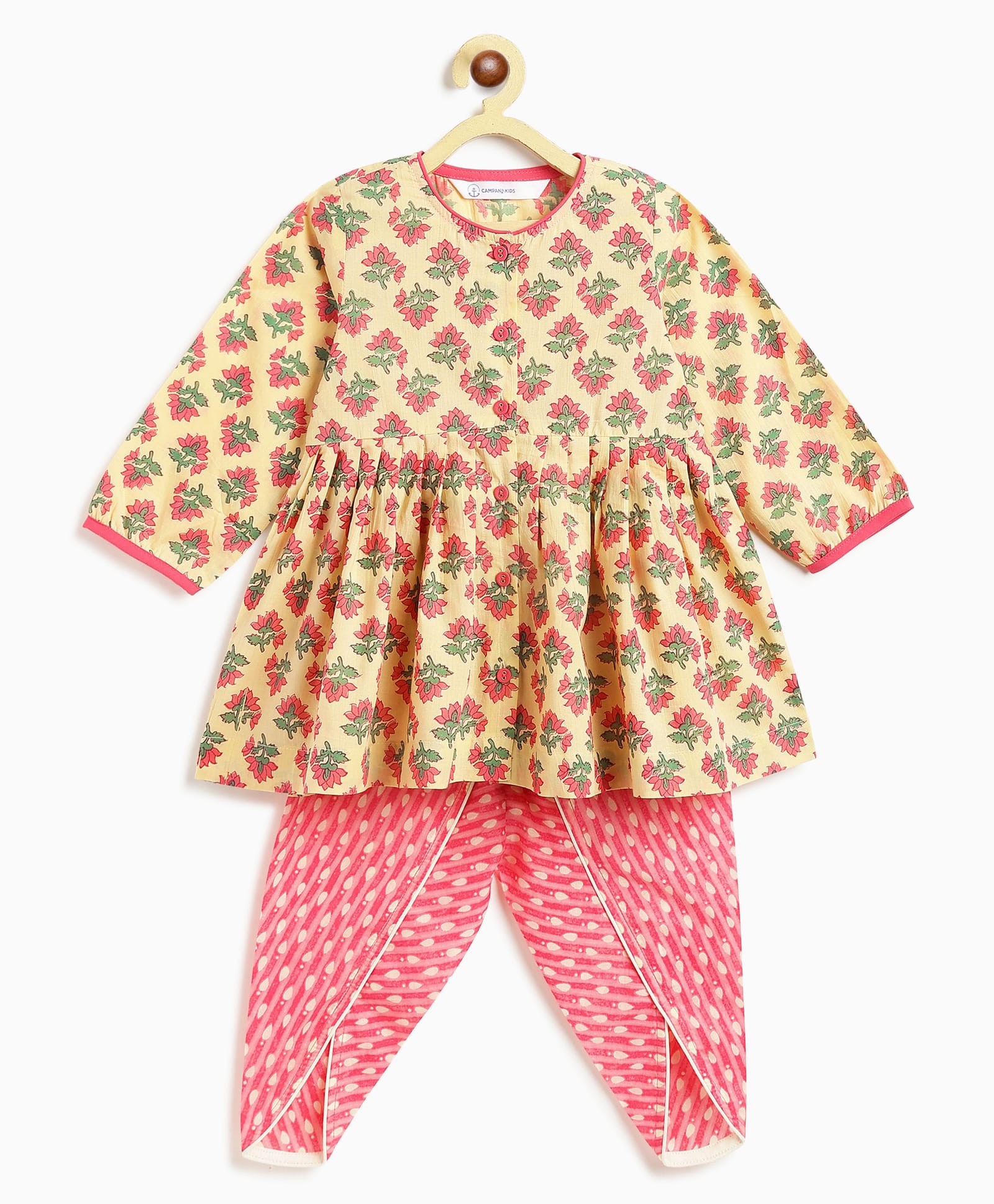 Campana 100% Cotton Woven Full Sleeves Floral Printed Kurti & Dhoti Set - Pink & Beige-image-39