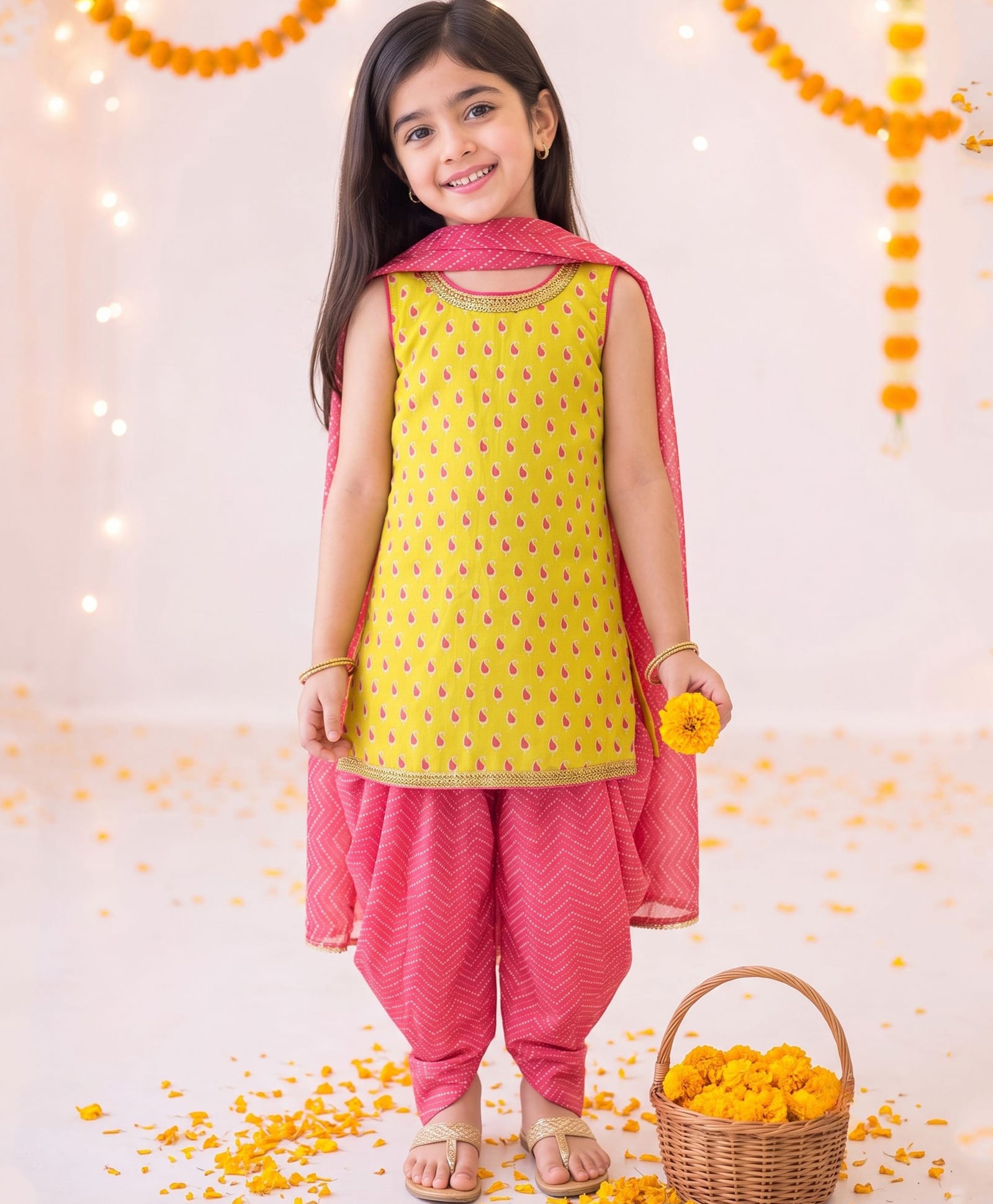 Campana 100% Cotton Woven Sleeveless Paisley Printed Kurti & Salwar With Dupatta Set - Lime Green & Pink-image-22
