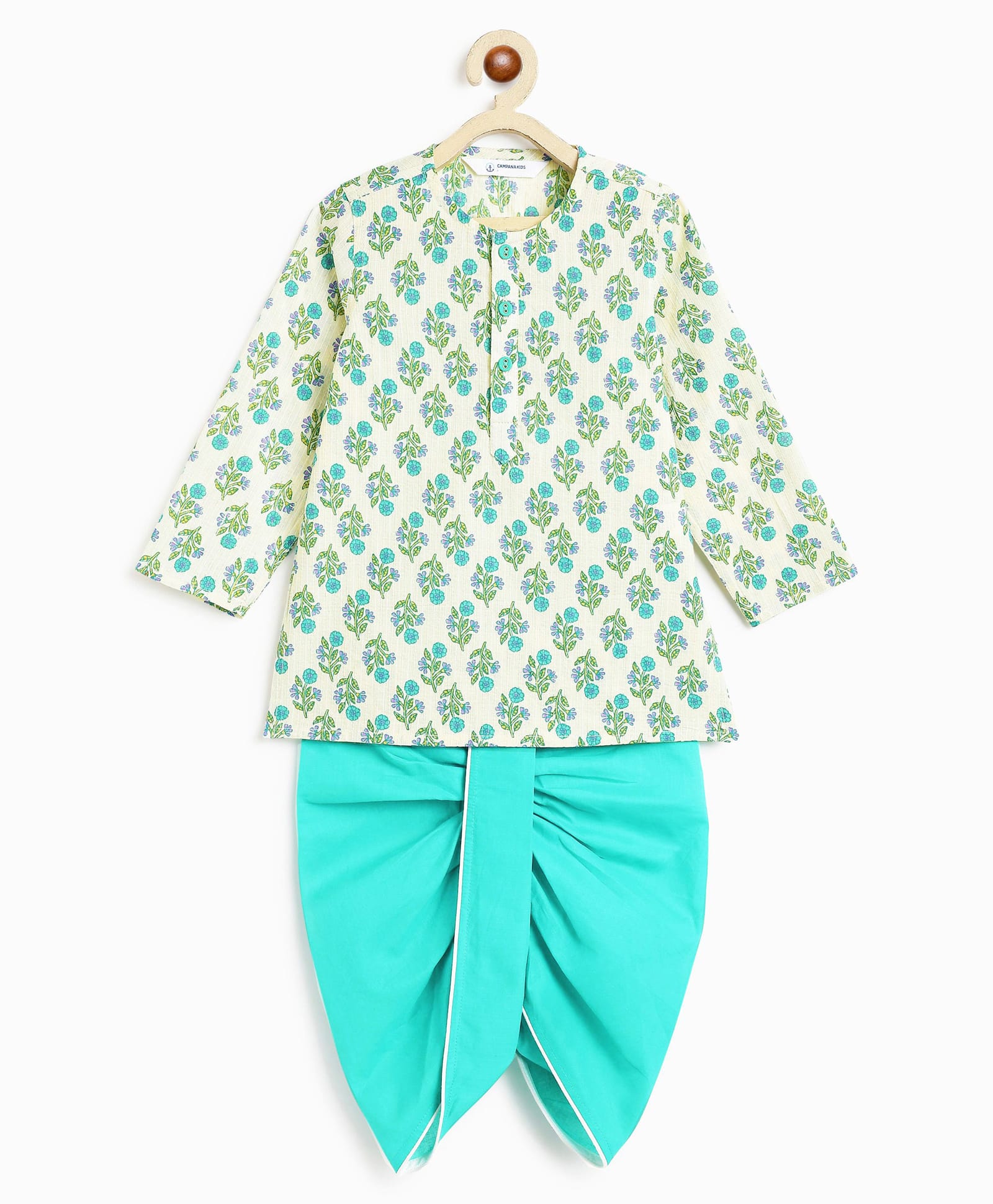 Campana 100% Cotton Woven Full Sleeves Floral Printed Kurta & Dhoti Set - White & Turquoise-picture-19