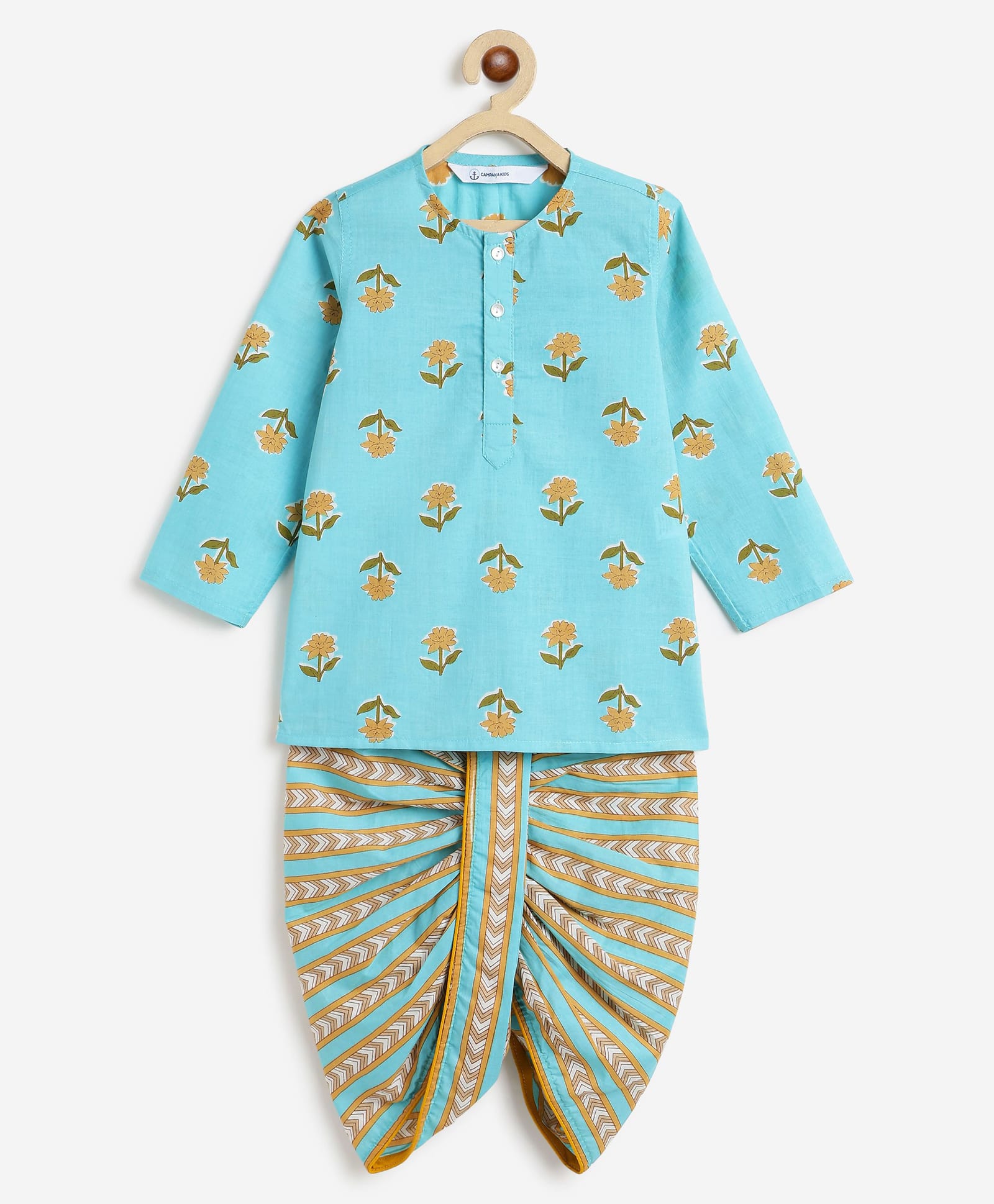 Campana 100% Cotton Woven Full Sleeves Floral Printed Kurta & Dhoti Set - Light Blue & Mustard-picture-17