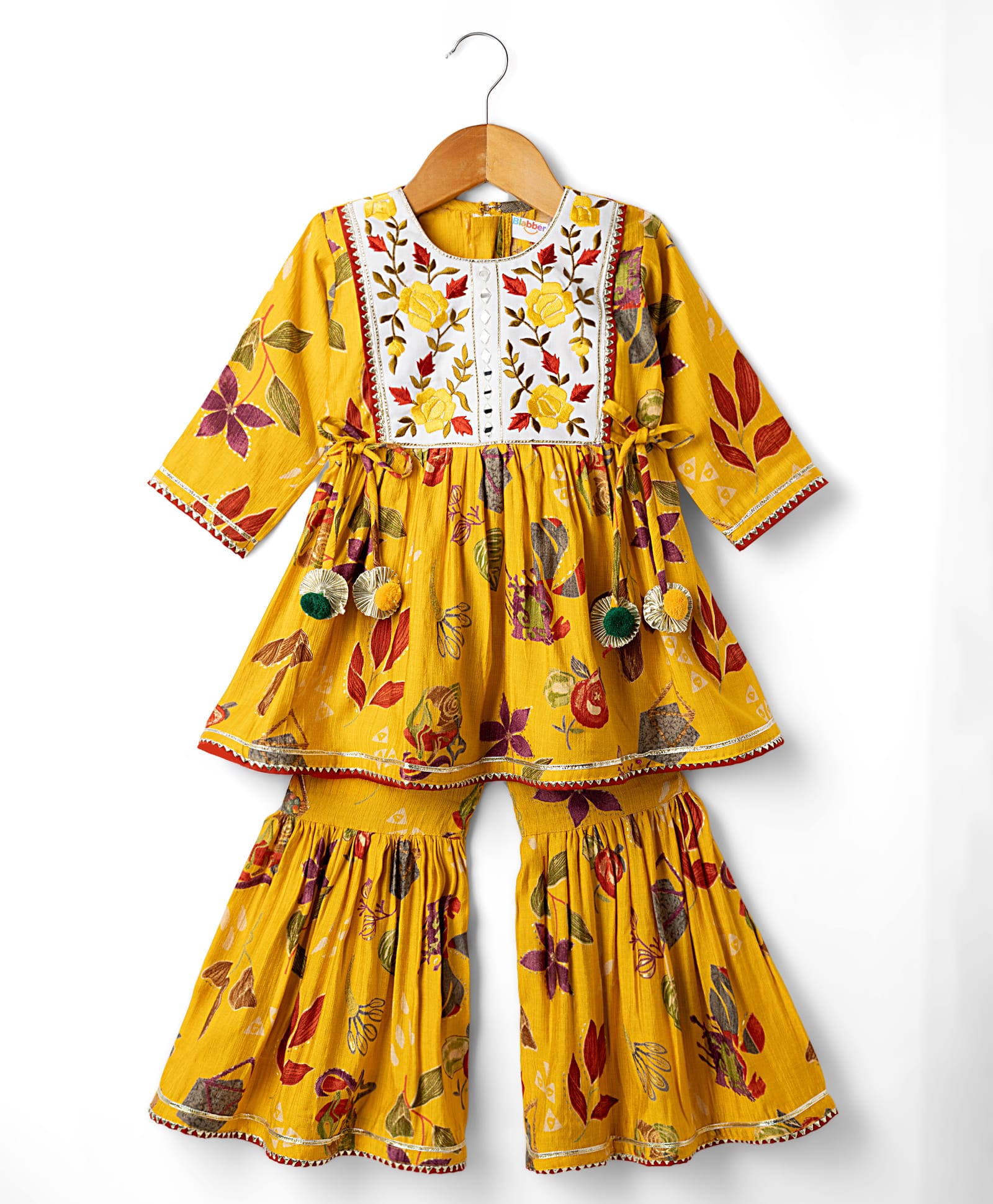 blabber three fourth sleeves floral embroidered & printed coordinating kurti gharara set - yellow