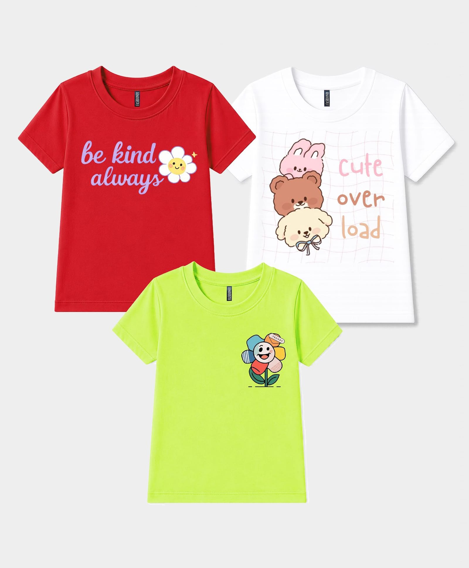 FASHIONOY Cotton Knit Pack Of 3 Half Sleeves Bear & Floral Printed Tees - Red White & Neon Green-image-20