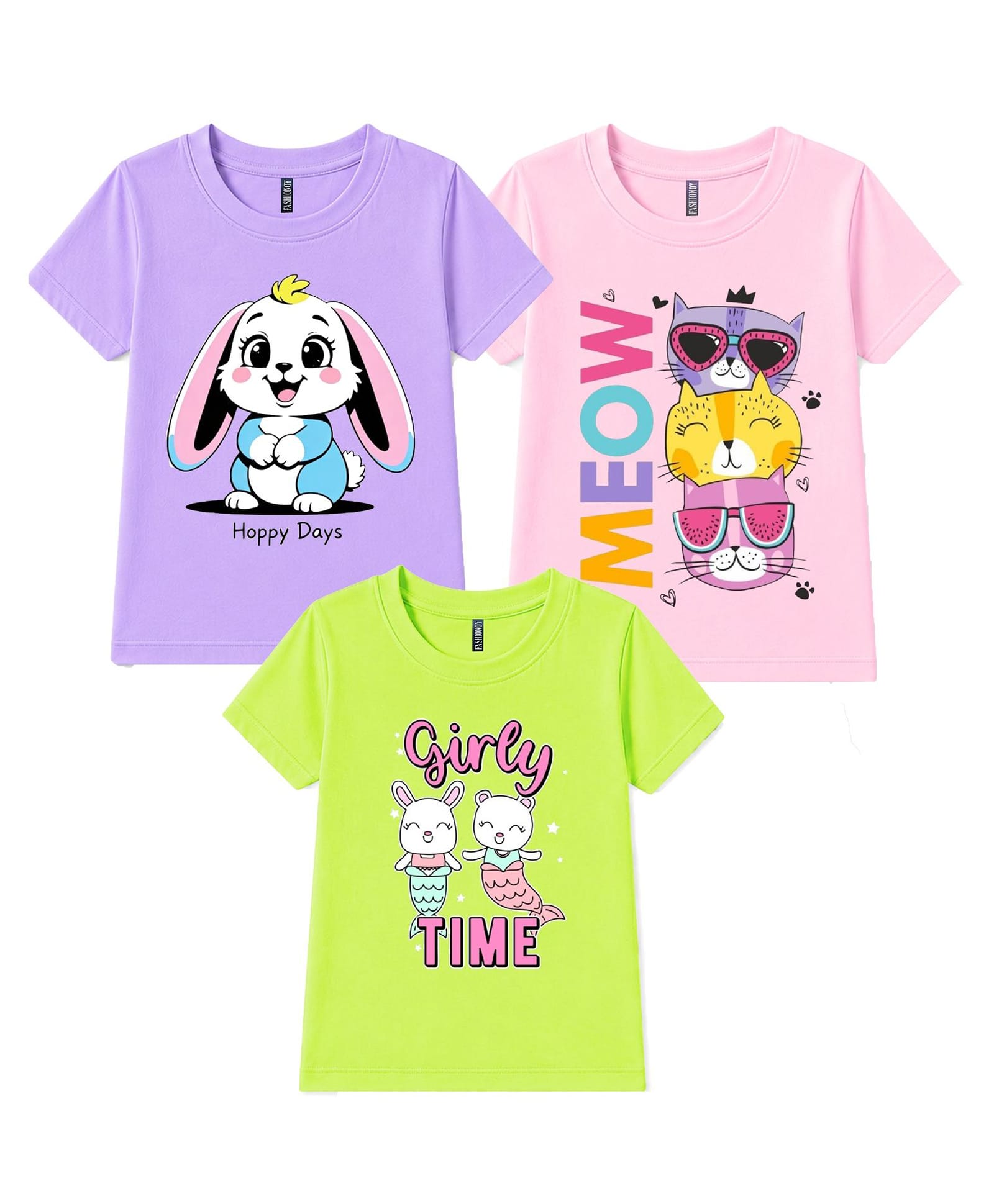FASHIONOY Cotton Knit Pack Of 3 Half Sleeves Cat & Mermaid Printed Tees - Neon Green Pink & Lavender-picture-22