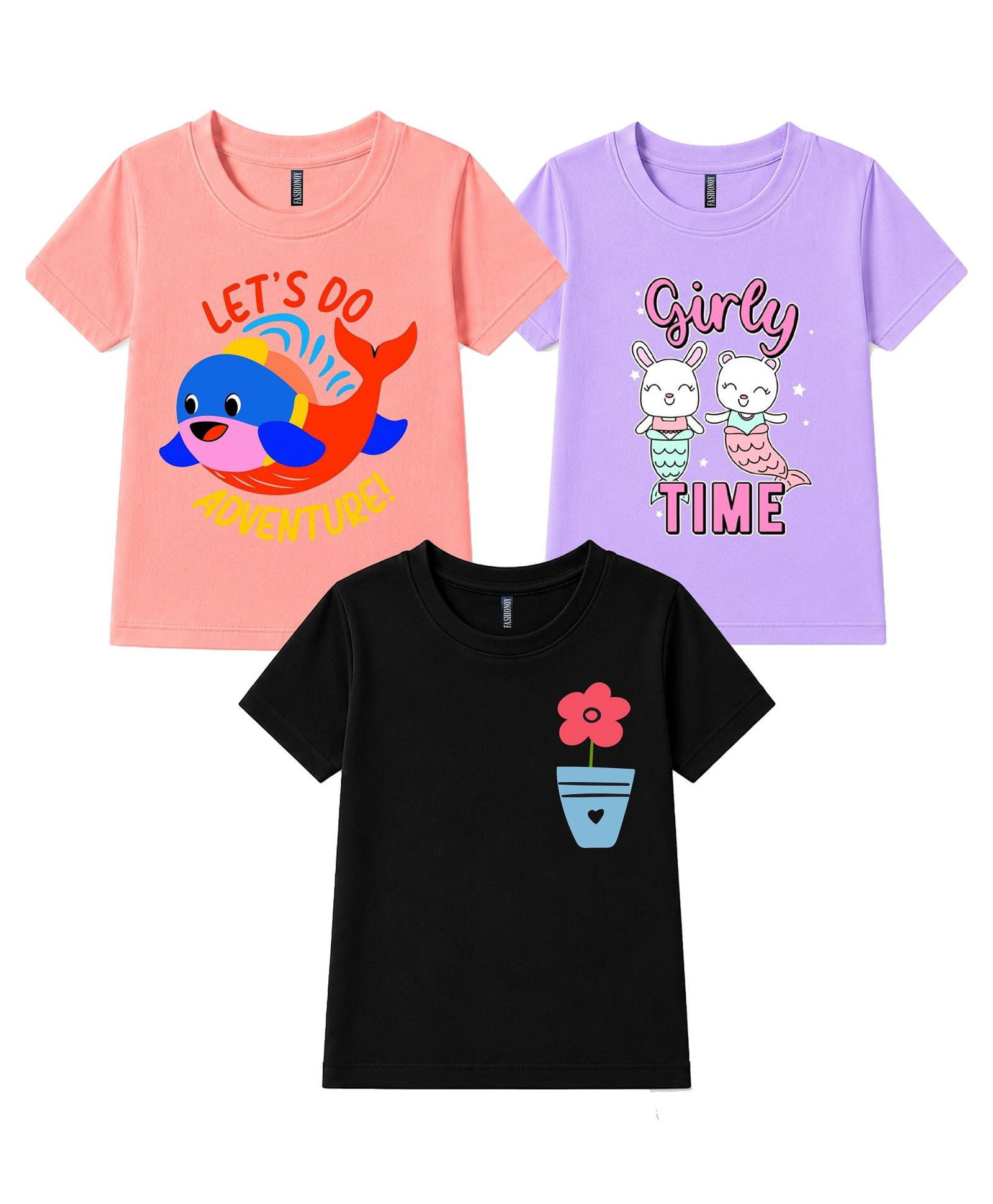 FASHIONOY Cotton Knit Pack Of 3 Half Sleeves Mermaid & Floral Printed Tees - Lavender Peach & Black-image-37
