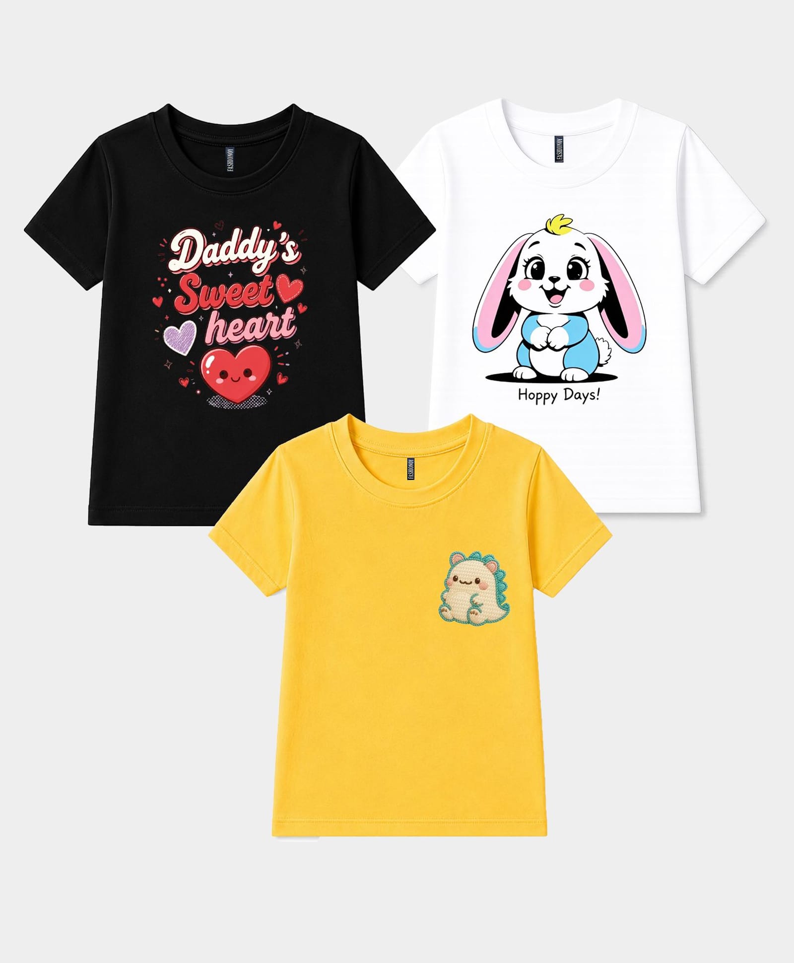 FASHIONOY Cotton Knit Pack Of 3 Half Sleeves Cat & Daddys Sweet Heart Text Printed Tees - White Black & Yellow-image-33