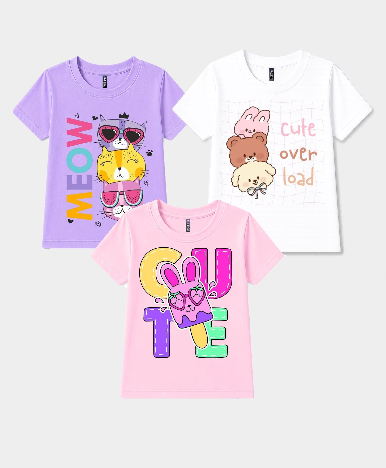 FASHIONOY Cotton Knit Pack Of 3 Half Sleeves Animals & Typography Printed Tees - White Pink & Lavender-image-4