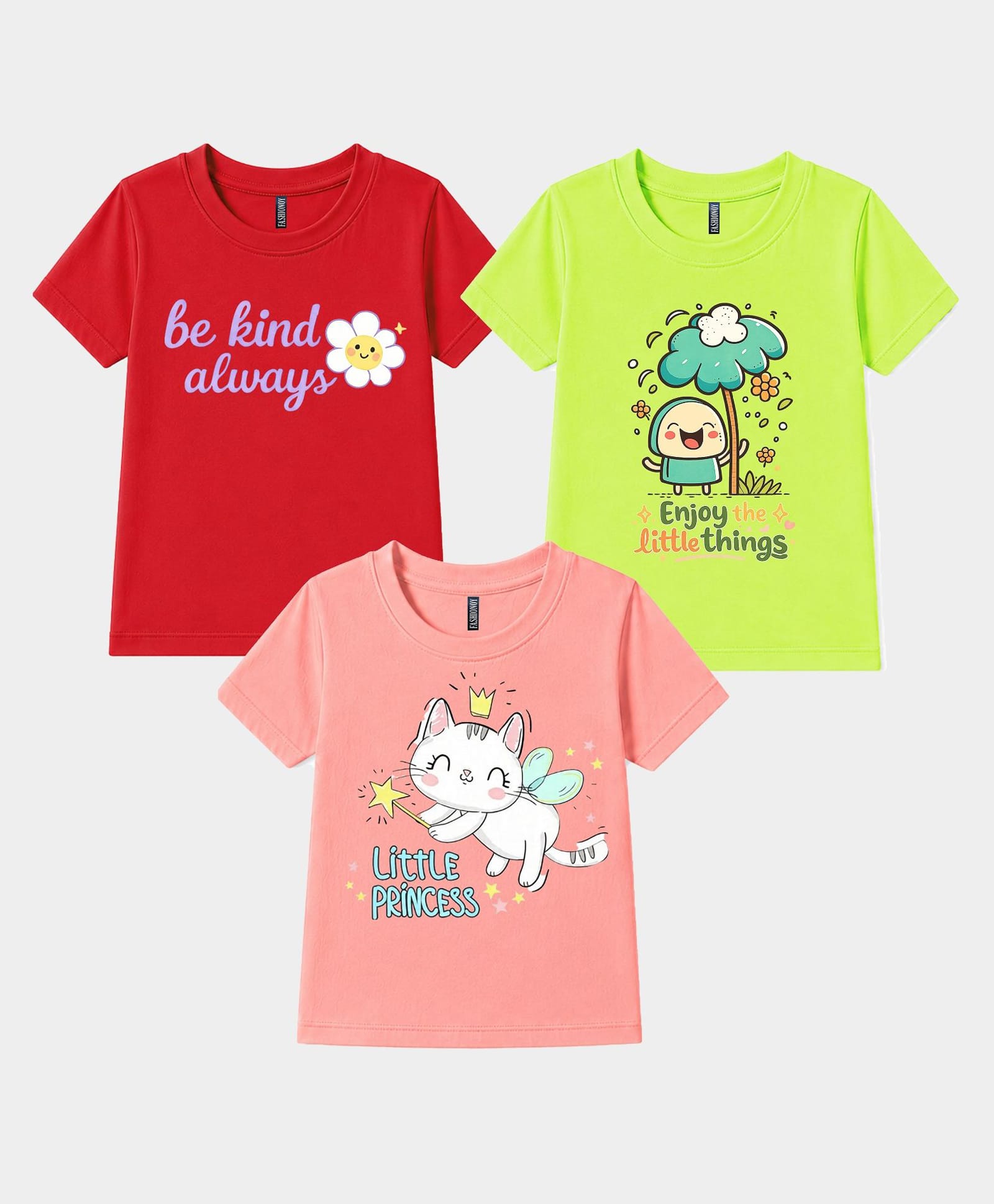 FASHIONOY Cotton Knit Pack Of 3 Half Sleeves Cat & Be Always Kind Text Printed Tees - Red Peach & Neon Green-image-21