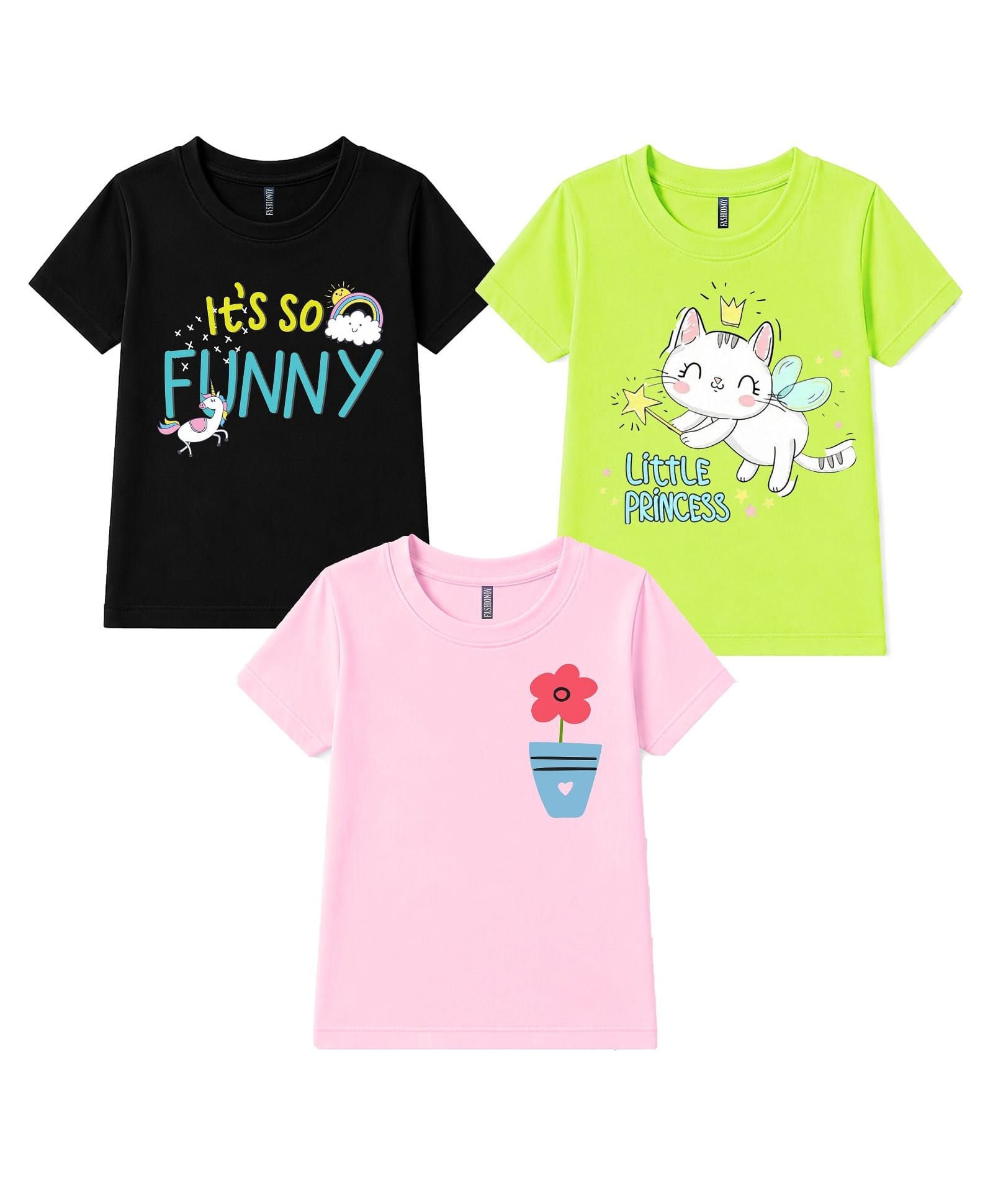 FASHIONOY Cotton Knit Pack Of 3 Half Sleeves Cat & Its So Funny Text Printed Tees - Black Pink & Neon Green-image-49