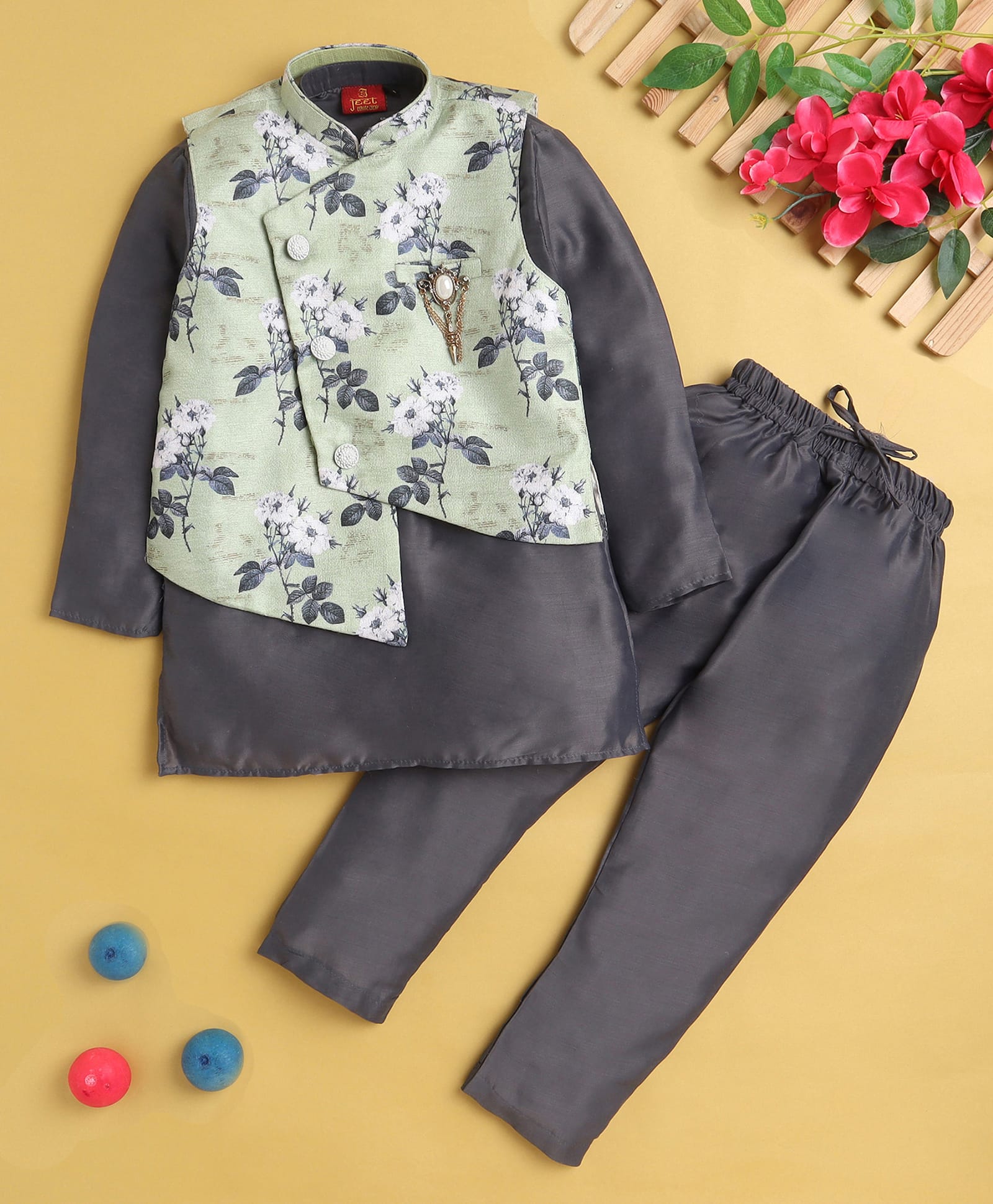 Jeet Ethnics Cotton Blend Knit Full Sleeves Solid Kurta & Pyjama With Floral Printed Asymmetrical Jacket Set - Grey-image-17