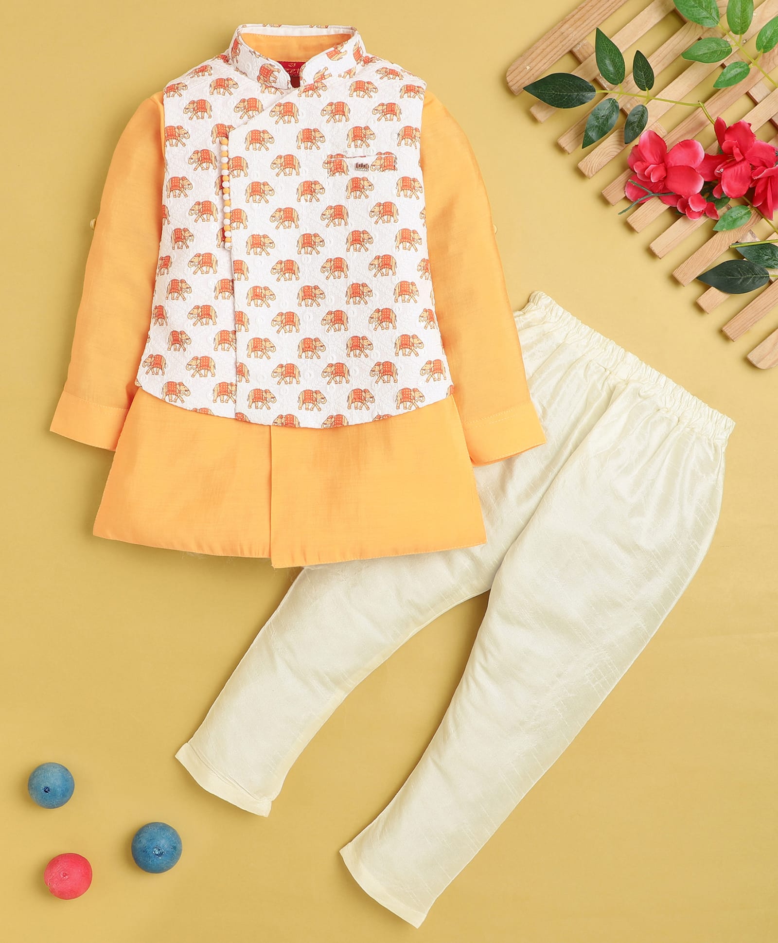 Jeet Ethnics Cotton Blend Knit Full Sleeves Solid Kurta & Pyjama With Elephant Printed Jacket Set - Yellow-picture-33
