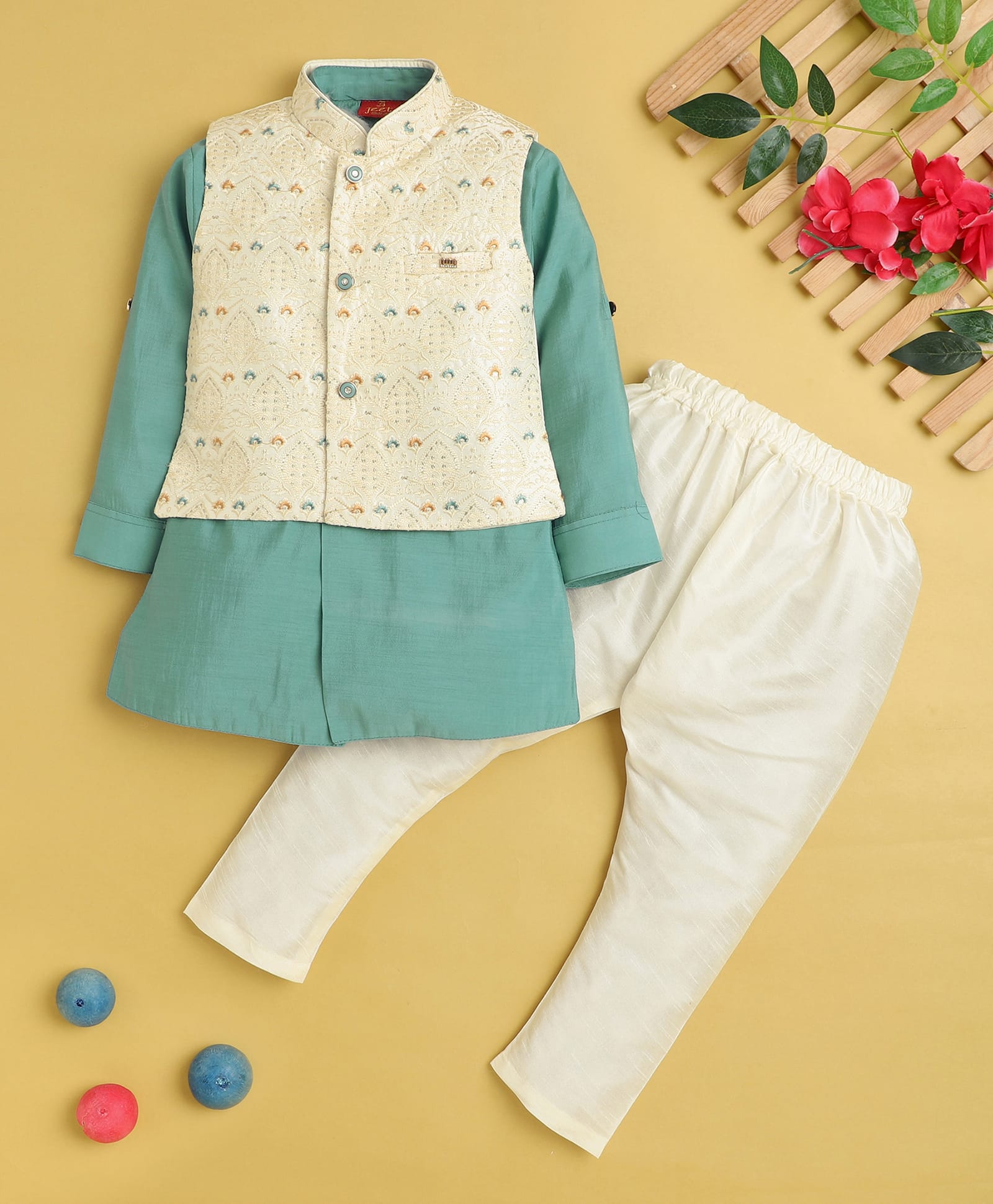 Jeet Ethnics Cotton Blend Knit Full Sleeves Solid Kurta & Pyjama With Ethnic Motif Embroidered Jacket Set - Turquoise-picture-28