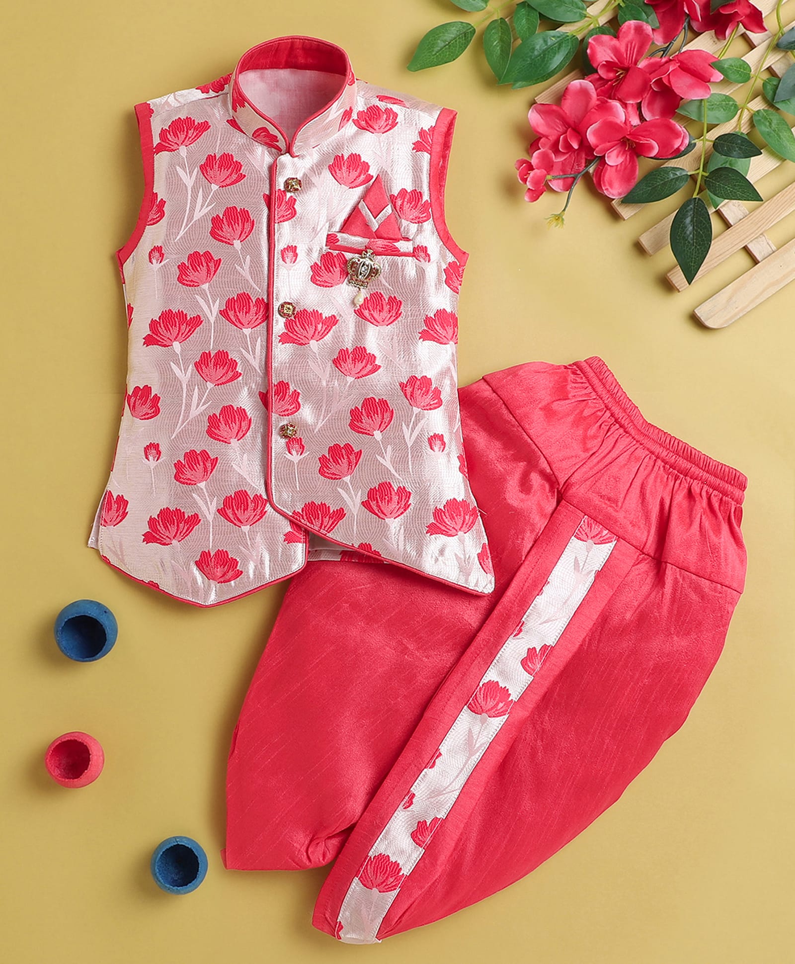 Jeet Ethnics Cotton Blend Knit Sleeveless Floral Embroidered Kurta & Dhoti Set - Pink-picture-28