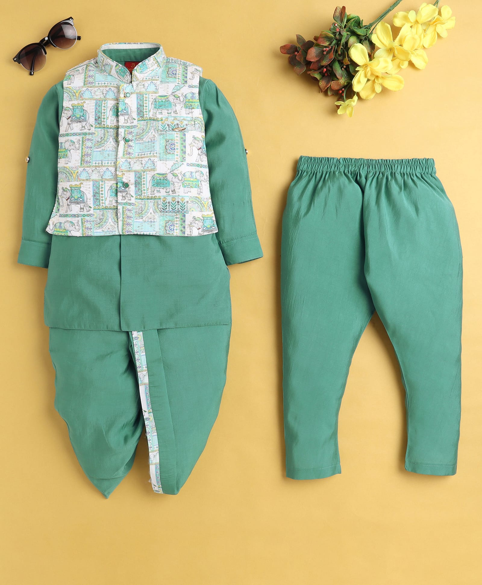 Jeet Ethnics Cotton Blend Knit Full Sleeves Solid Kurta Pyjama & Dhoti With Elephant Printed Jacket Set - Turquoise-picture-39