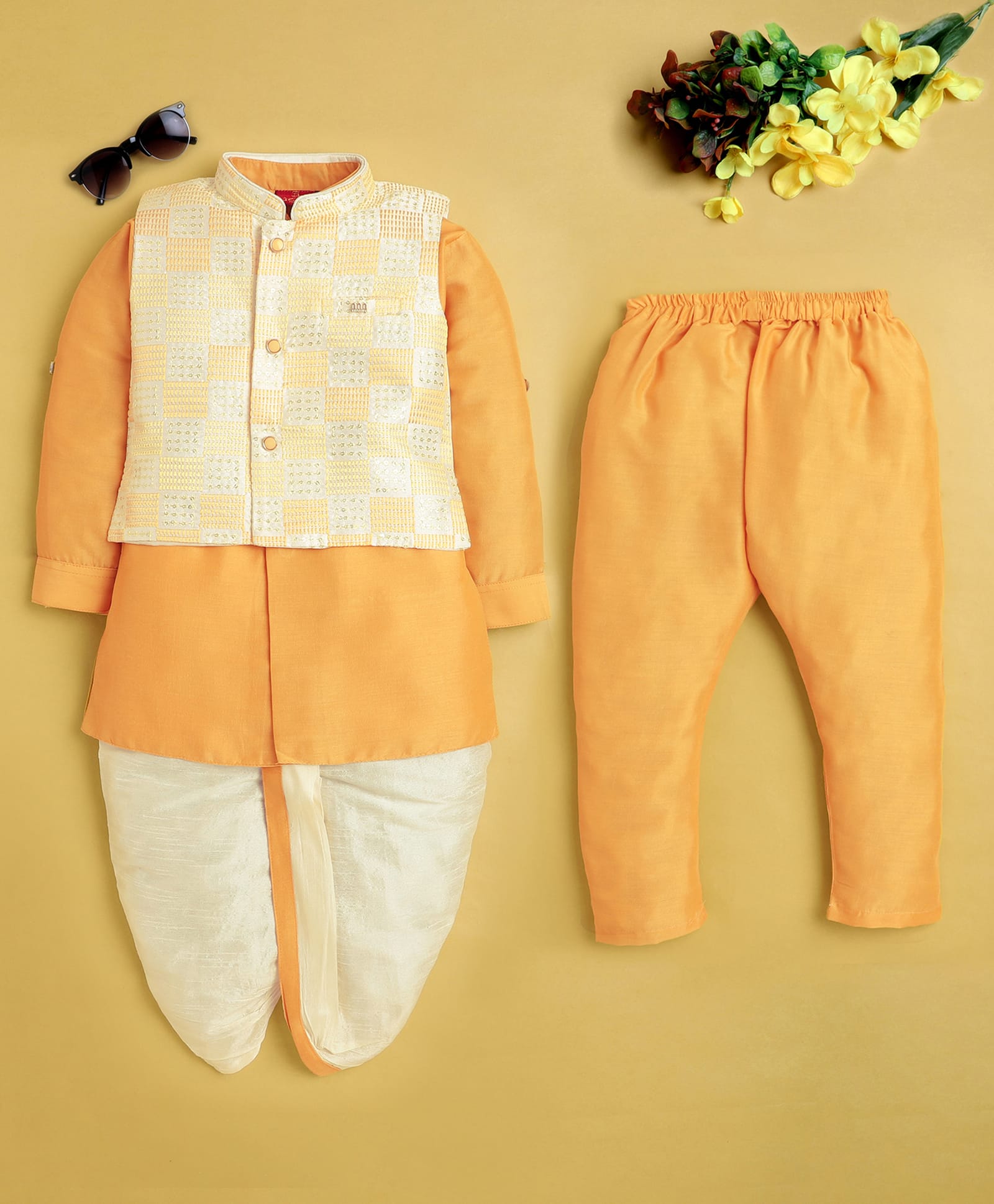 Jeet Ethnics Cotton Blend Knit Full Sleeves Solid Kurta Pyjama & Dhoti With Geometric Embroidered Jacket Set - Yellow-picture-25