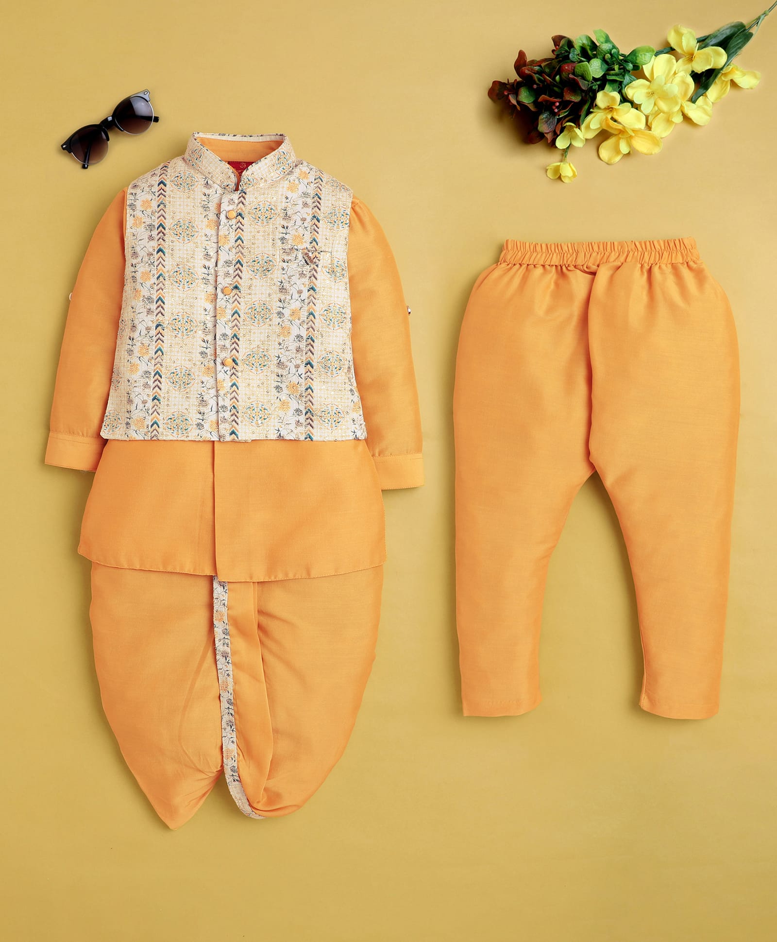 Jeet Ethnics Cotton Blend Knit Full Sleeves Solid Kurta Pyjama & Dhoti With Floral & Abstract Embroidered Jacket Set - Yellow-picture-38