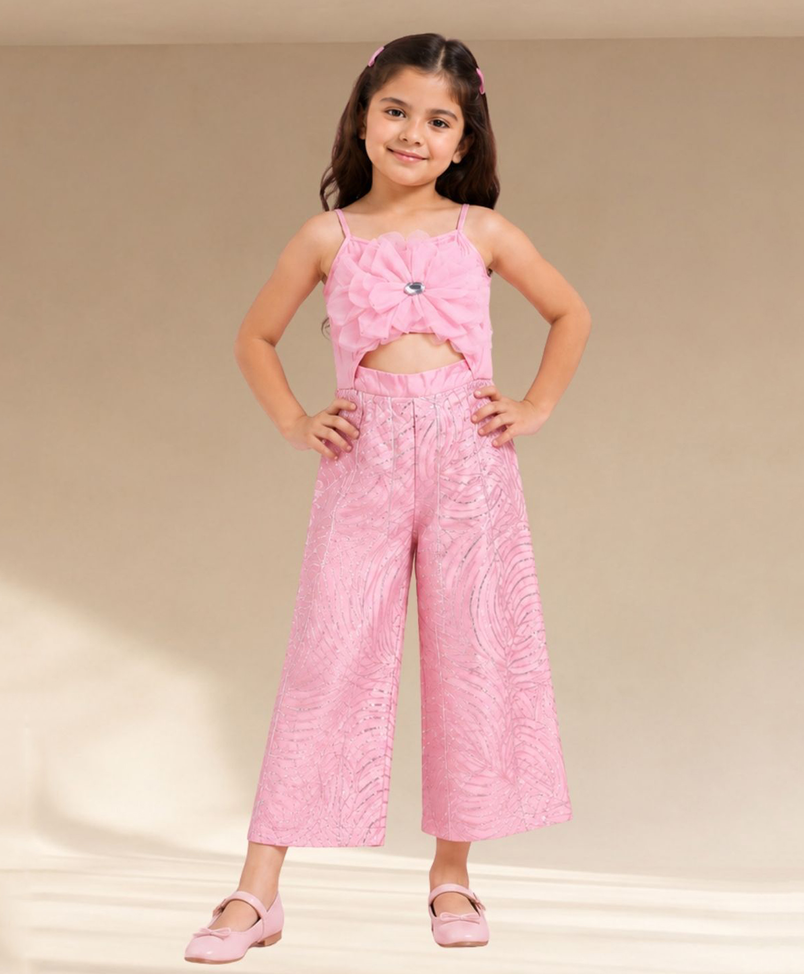 Lil' Drama Cotton Knit Sleeveless Floral Applique Detailed & Zari Embellished Jumpsuit - Pink-image-49