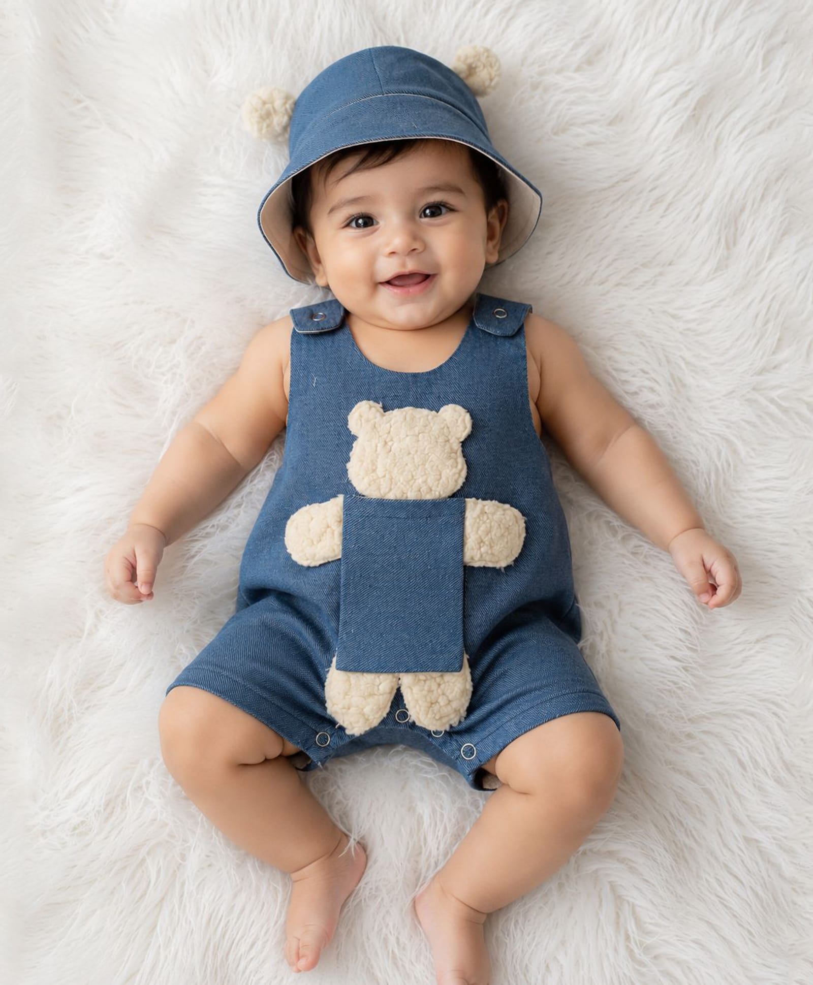 Tipy Tipy Tap Denim Knit Teddy Bear Applique Detailed Dungaree With Cap - Blue-image-14