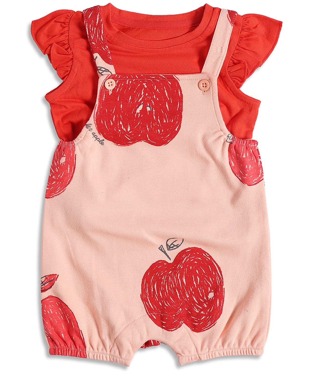MINI KLUB Cotton Knit Half Sleeves Apple Printed Dungaree With Tee - Peach & Red-picture-39