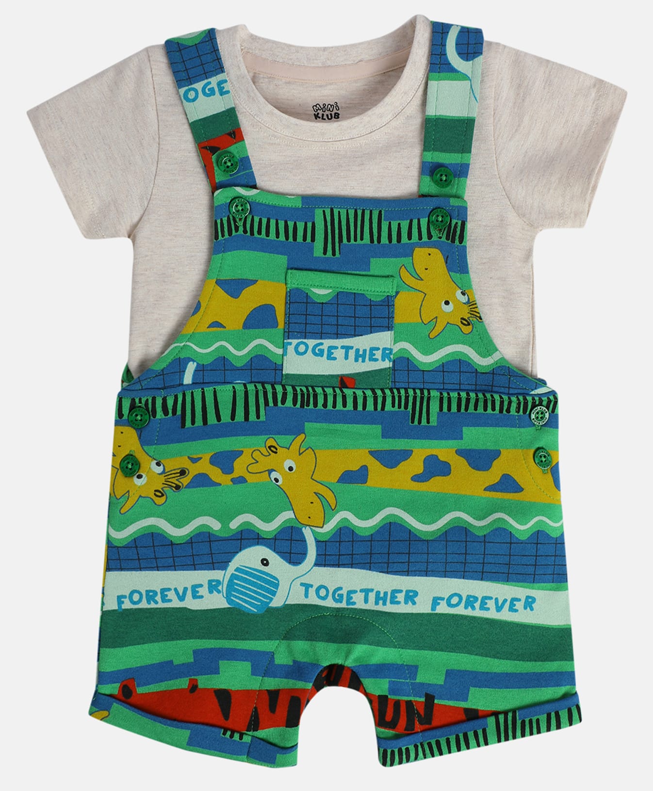 MINI KLUB Cotton Knit Half Sleeves Animals Printed Dungaree With Tee - Grey & Green-picture-28
