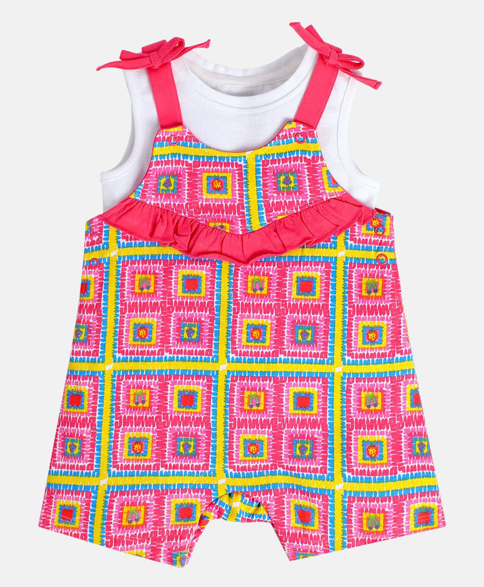 MINI KLUB Cotton Knit Sleeveless Abstract Printed Dungaree With Tee - White & Pink-picture-48