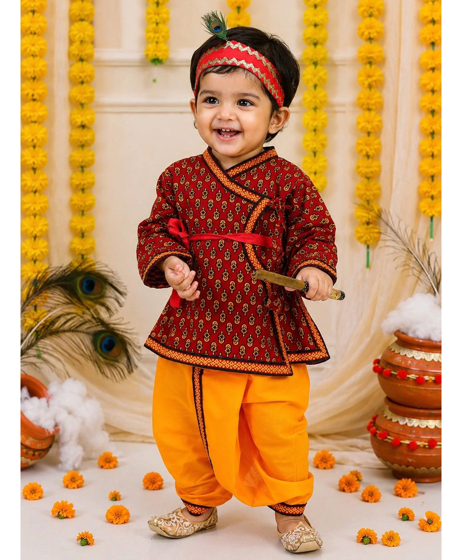 BownBee Cotton Woven Janmashtami Theme Full Sleeves Floral Printed Kanhaiya Costume Set - Red
