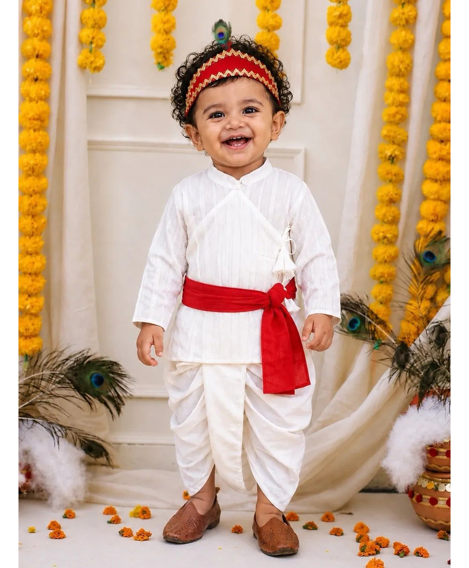 BownBee Cotton Woven Janmashtami Theme Full Sleeves Solid Kanhaiya Costume Set - White-picture-25