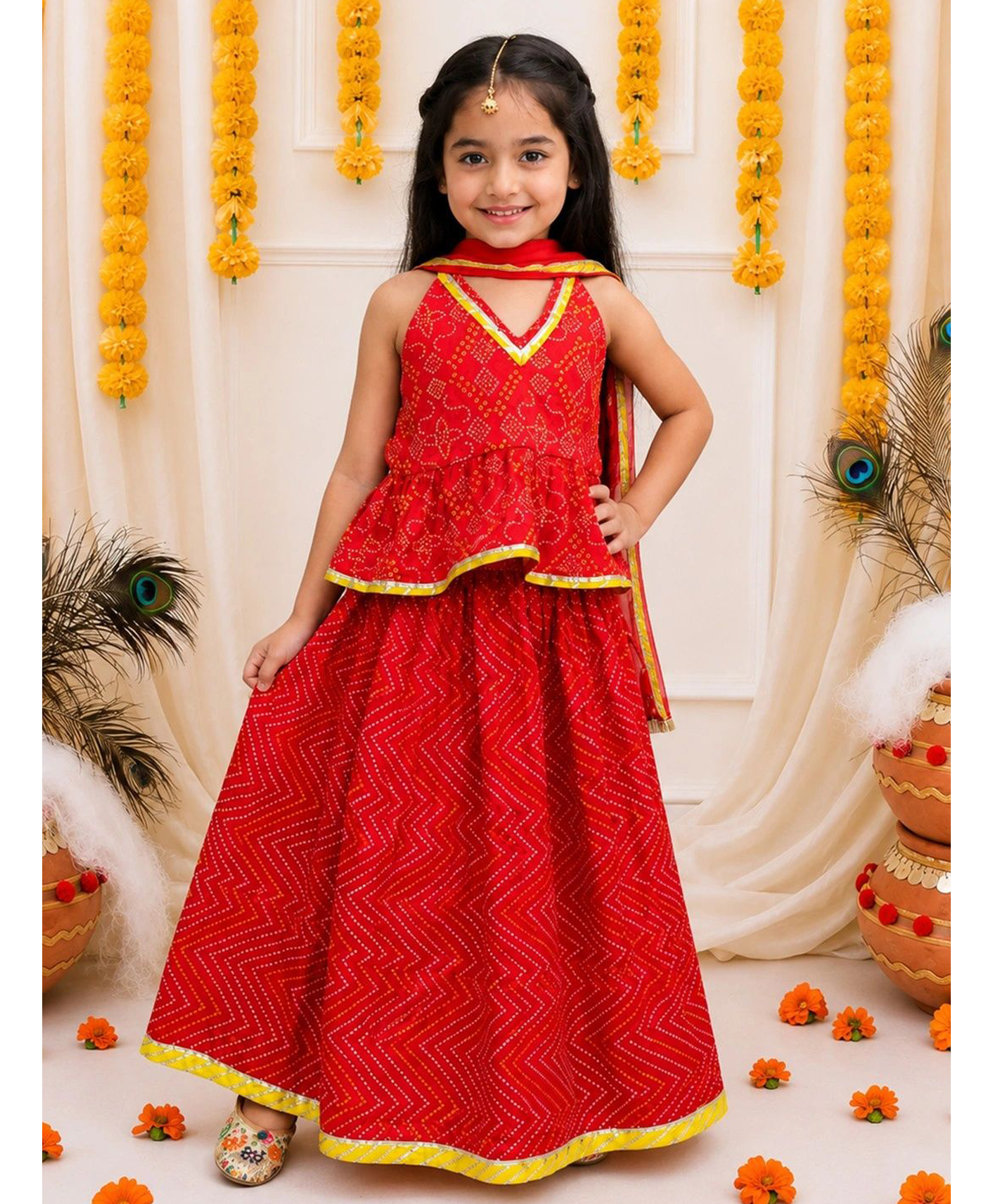 BownBee Pure Cotton Woven Sleeveless Bandhani Printed Lehenga & Choli With Dupatta Set - Red-picture-12