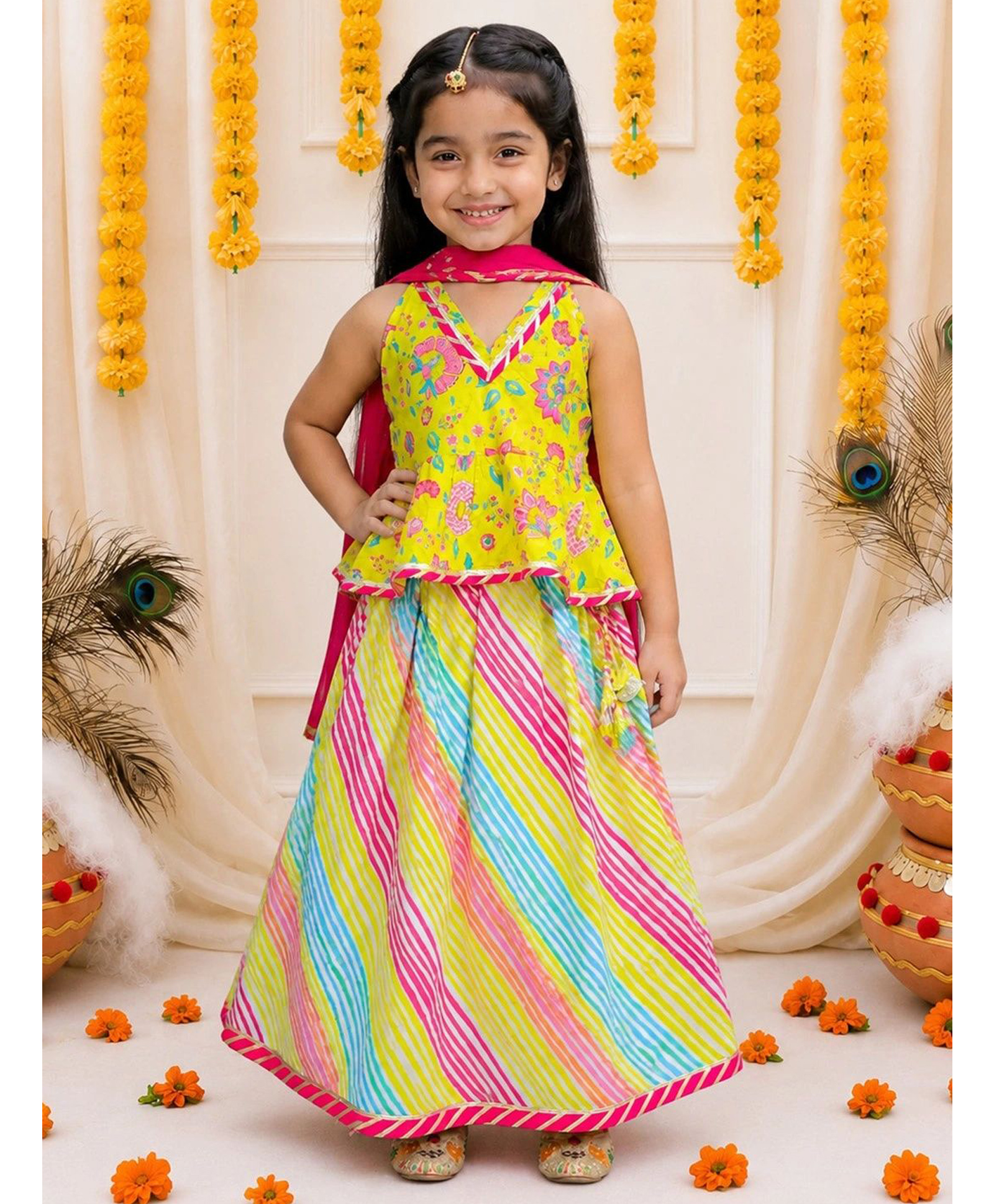 BownBee Pure Cotton Woven Sleeveless Floral Printed Lehenga & Choli With Dupatta Set - Yellow-picture-13